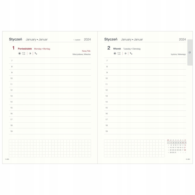KALENDARZ KSIĄŻKOWY 2024 A5 DZIENNY Z REGISTREM PLANEM MIESIECZNYM SZARY Kolor dominujący odcienie niebieskiego