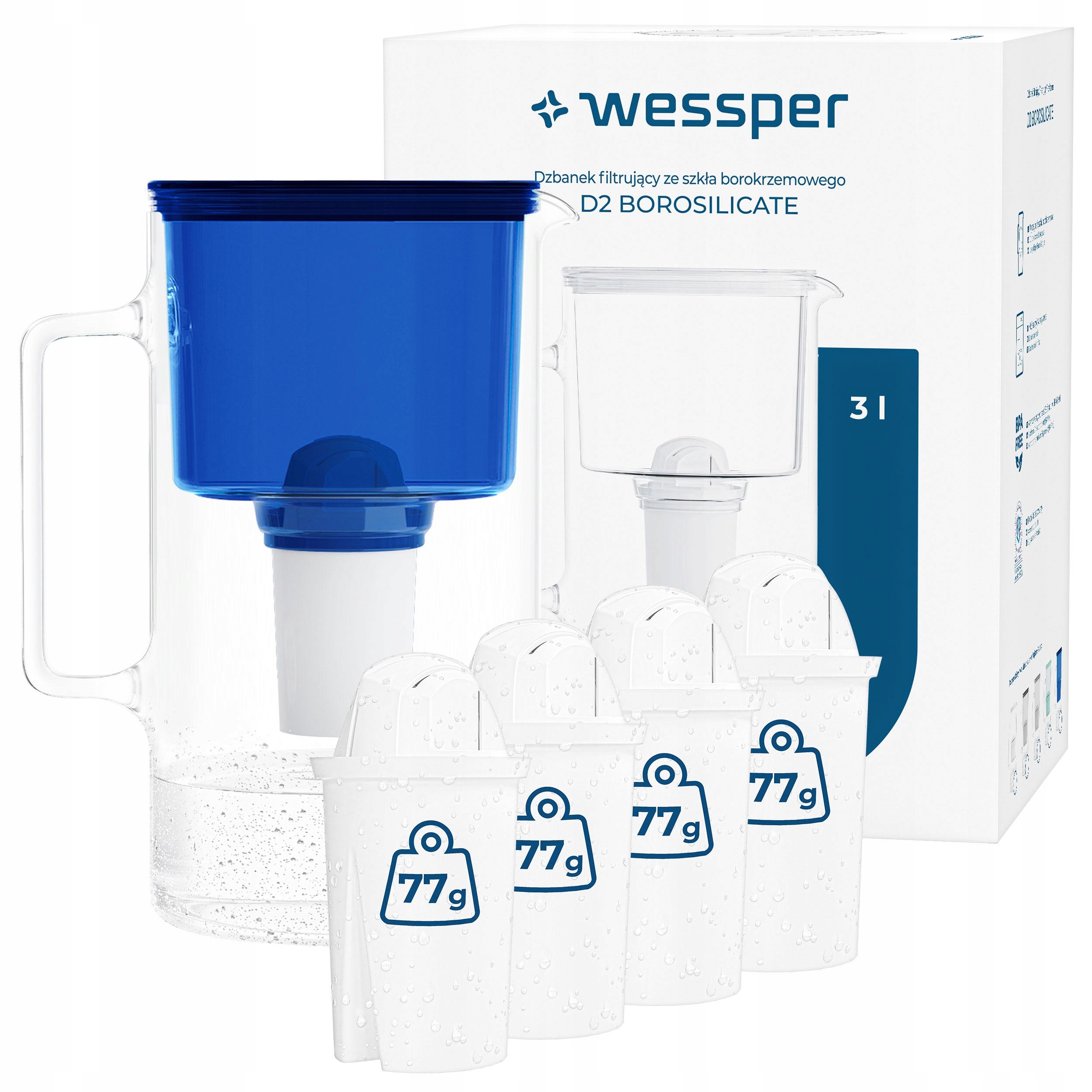 Dzbanek filtrujący szklany Wessper D2 Borosilicate 3l 5x filtr Wessper