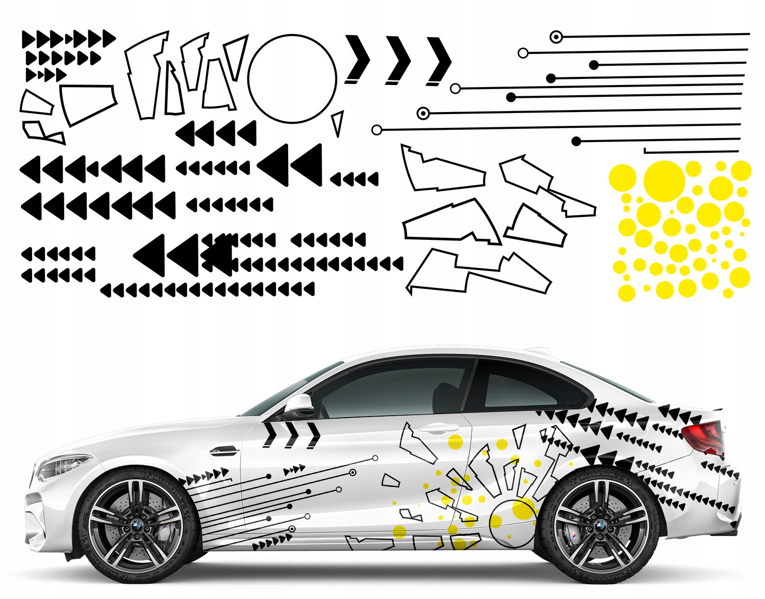 2x Nálepka Grafika na auto Motív Pásky Šípky Kolesá Tvary 91x500