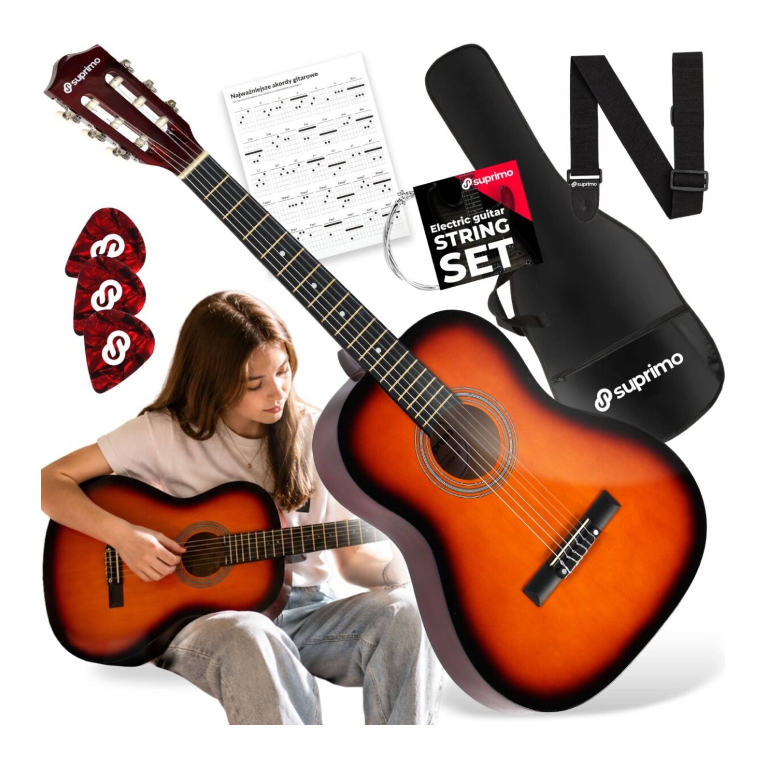 Gitara Klasyczna 3/4 3 Kostki Pasek Do Gitary Zapasowe Struny Pokrowiec