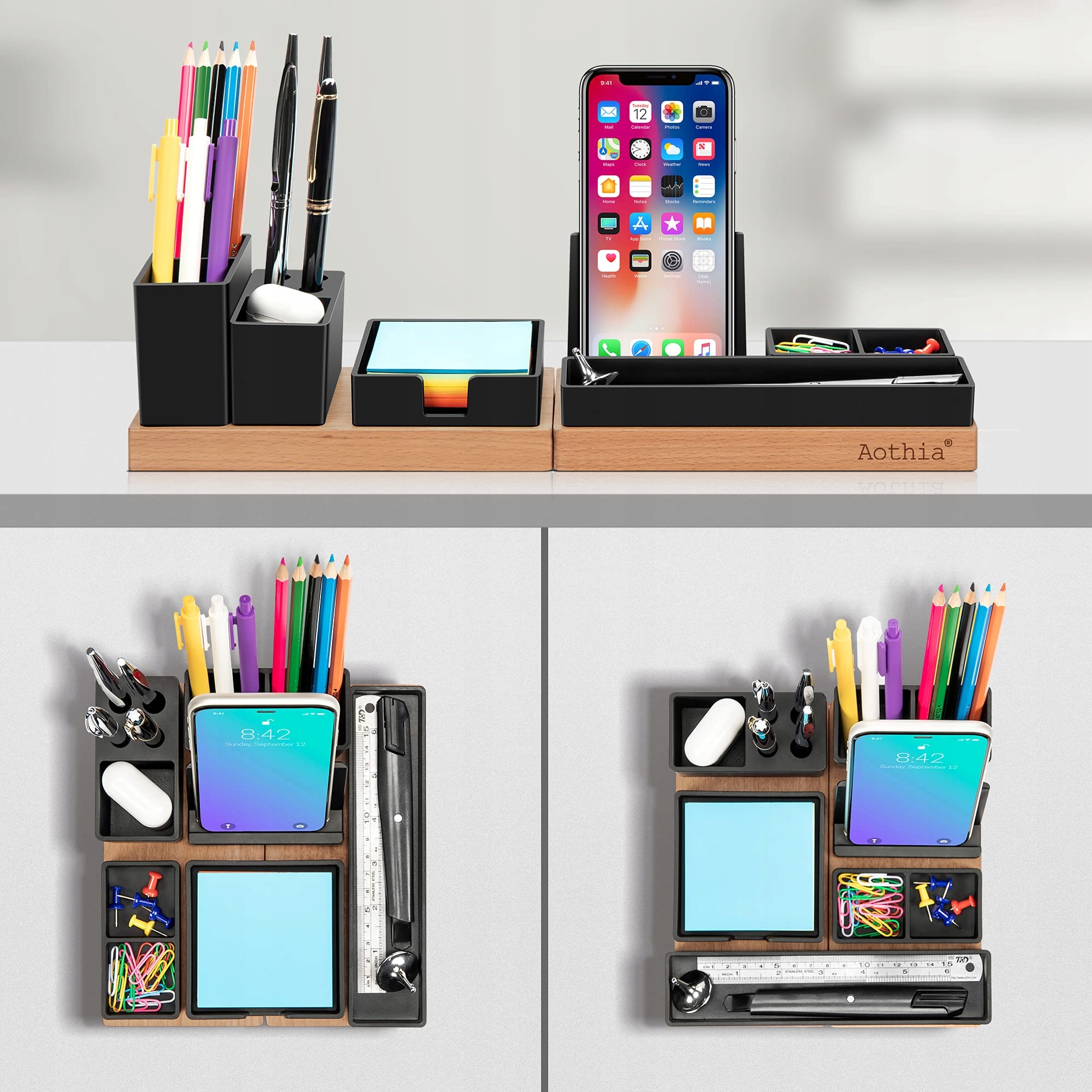 AOTHIA Organizer Biurkowy Drewniany Regulowany Czarny Stojak Na Telefon — miniatura 4