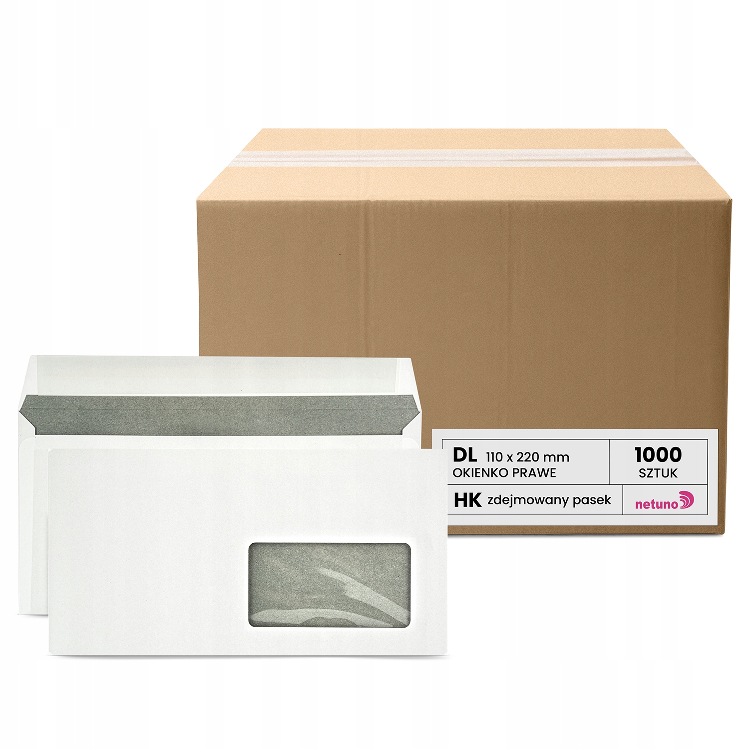 Koperty DL Hk z okienkiem samoklejące z paskiem listowe białe 1000 sztuk