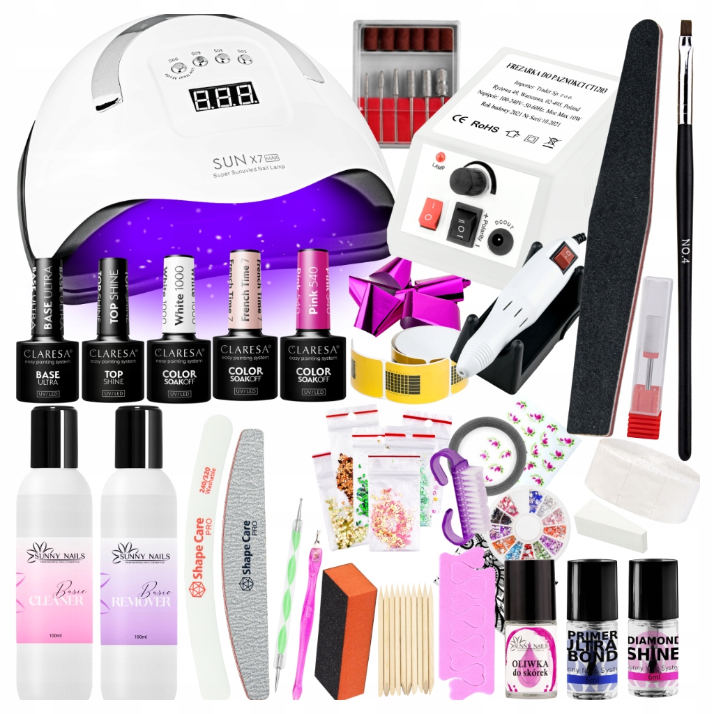 Sada Pro Hybridní Výrobu Nehtů Lampa 180W Bruska Laky Claresa