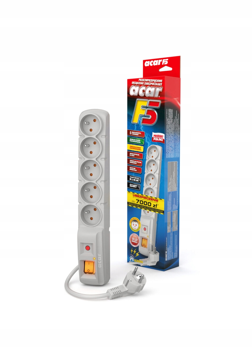 ACAR F5 Przedłużacz listwowy przeciwprzepięciowy szary 3m