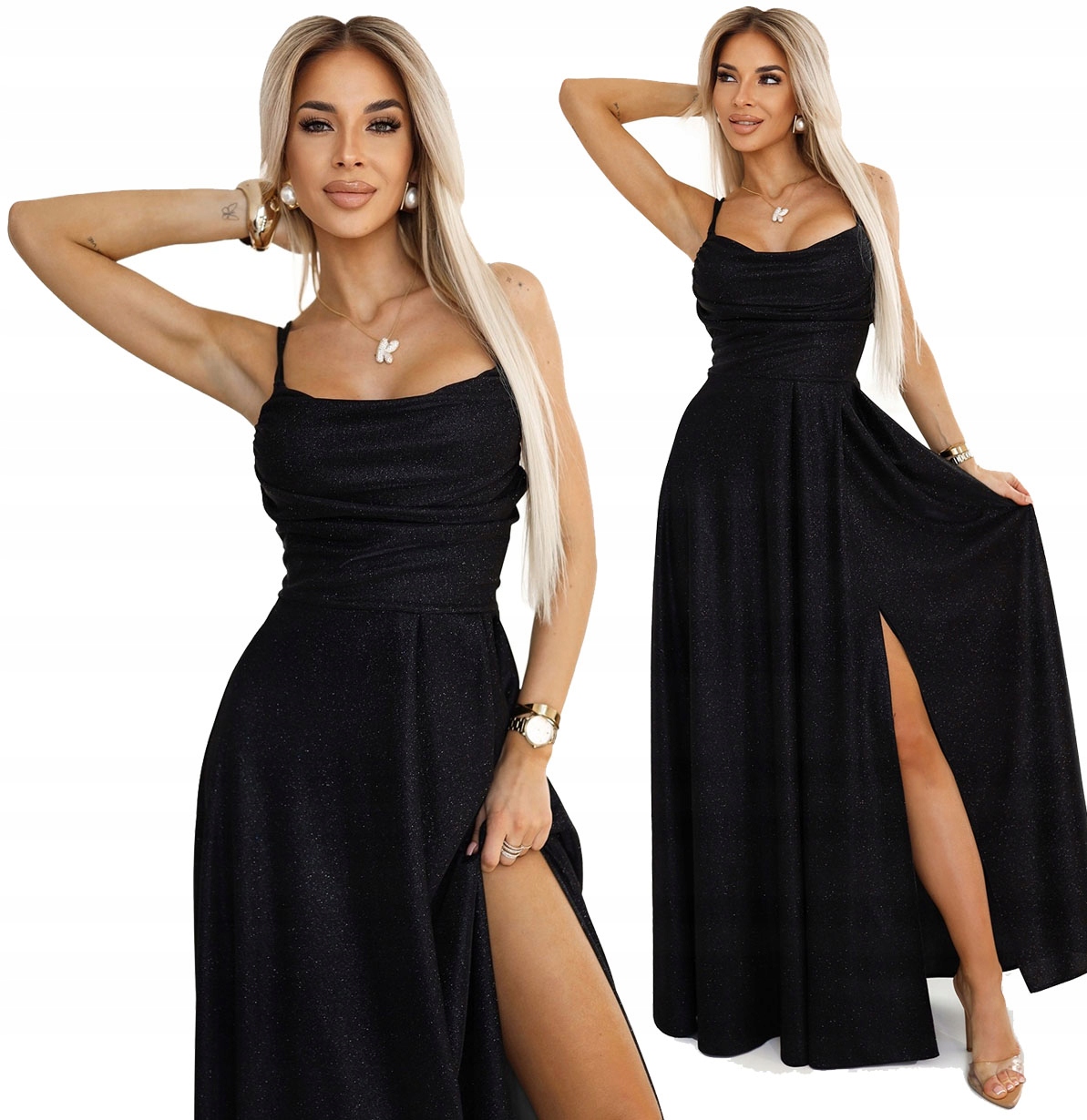 Dlouhé Šaty S Ramínky A Zavazováním Na Zádech, Černá Barva S Brokátem