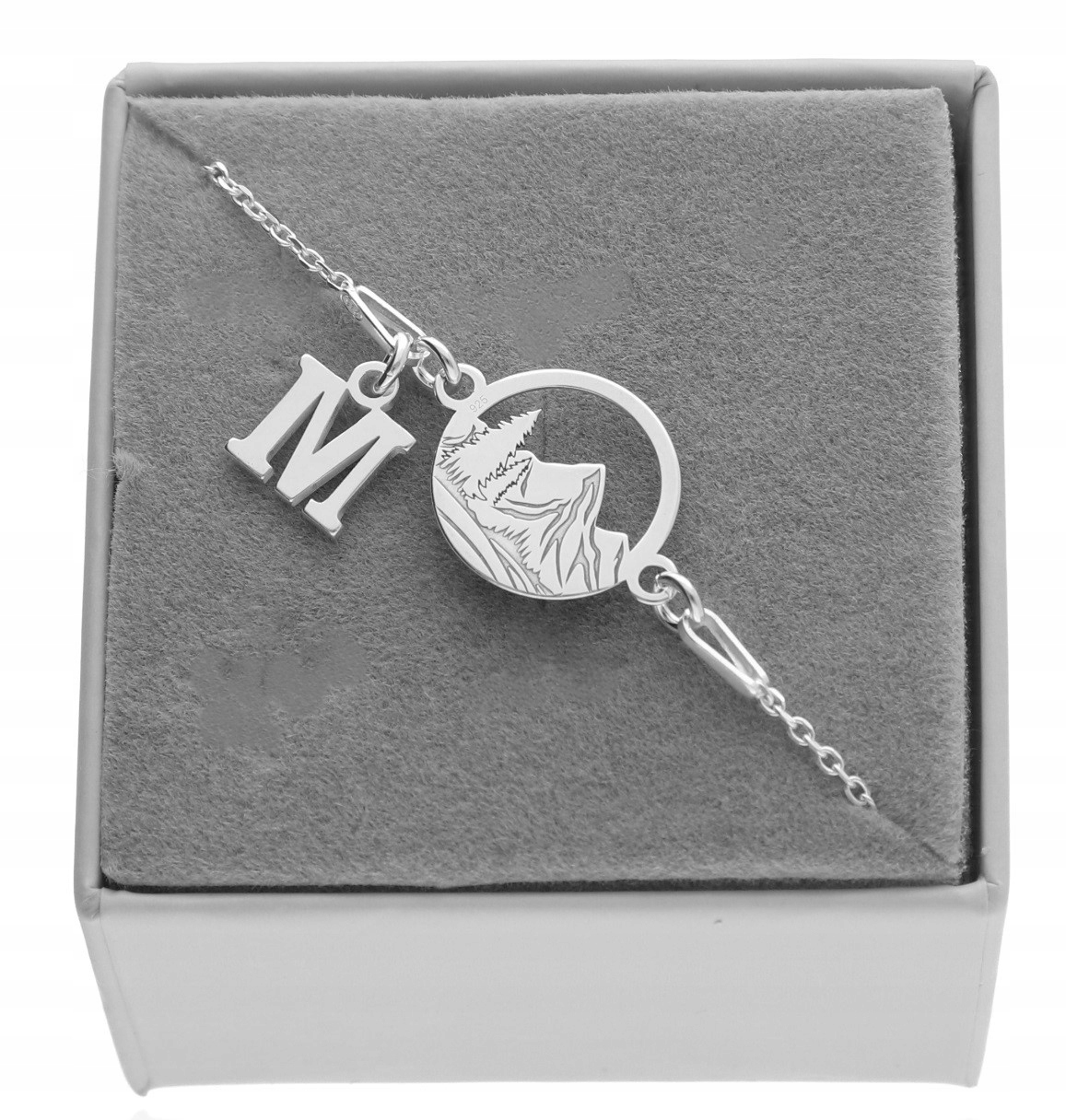 Srebrna bransoletka góry z górami litera Literka Pudełko Srebro 925