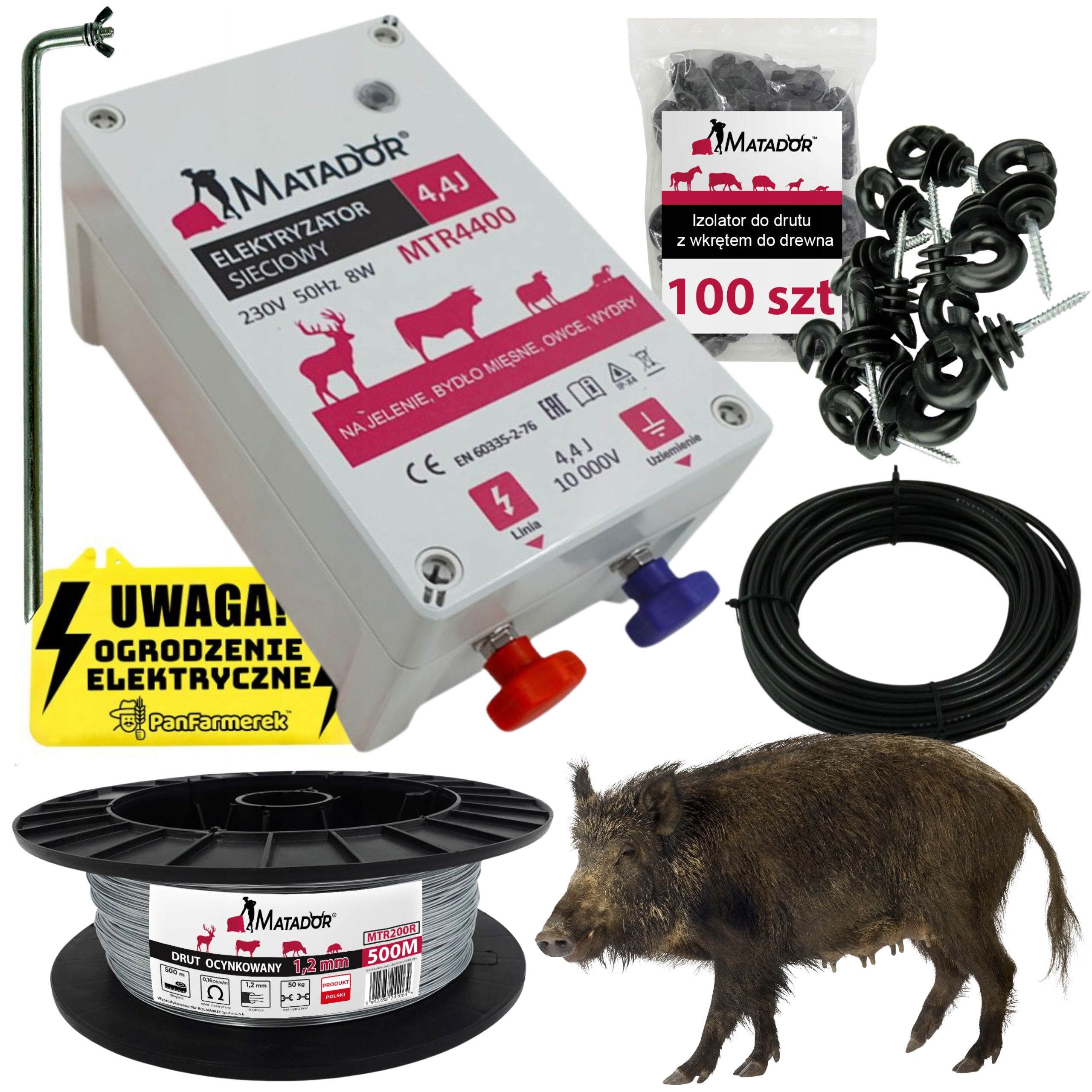 Gotowy Pastuch 4,4J Na Dziki Dzika Drut 500m Elektryzator Sieciowy Izolator