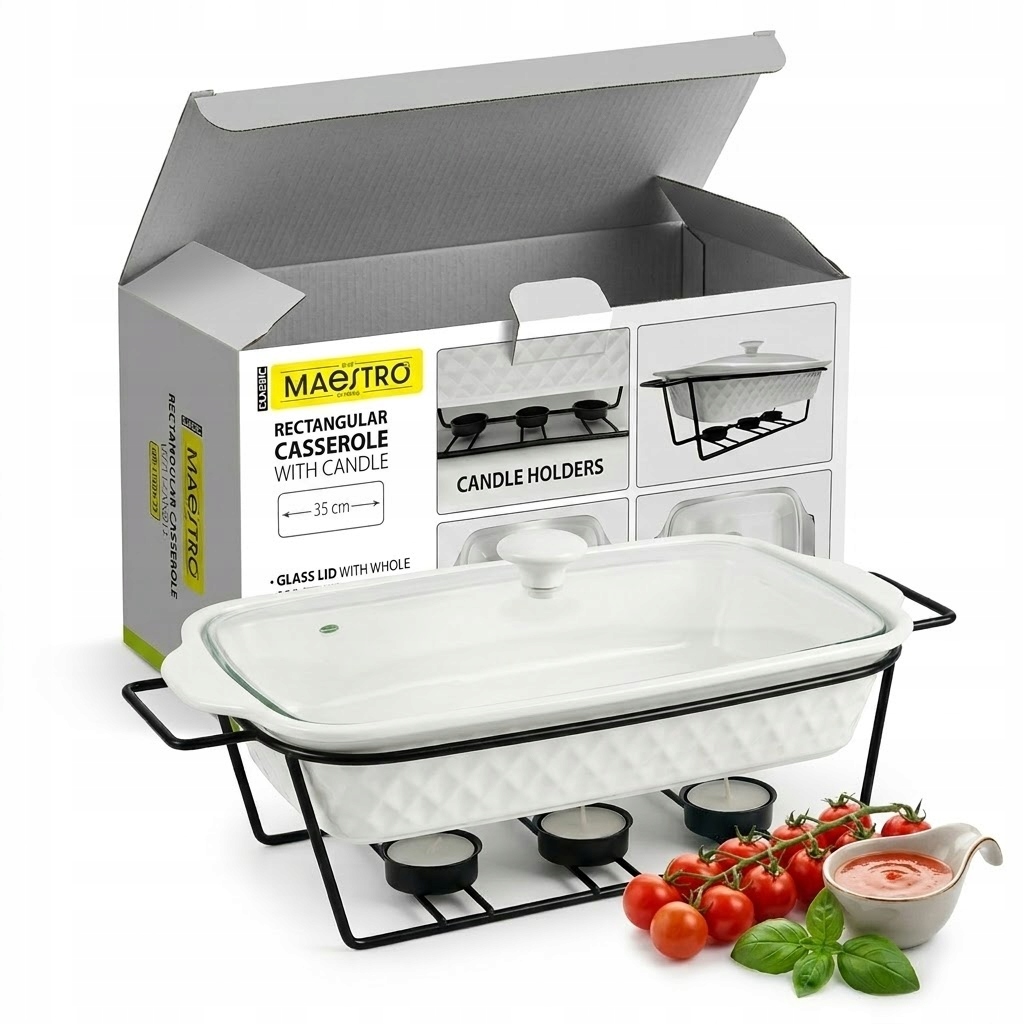 Keramický ohřívač pokrmů 1,8L obdélníkový 35x24 cm na čajovou svíčku