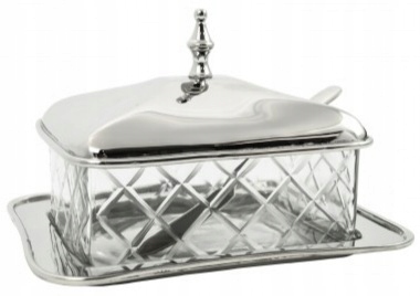 MASELNICZKA pojemnik masło szklana SREBRNA glamour z nożykiem