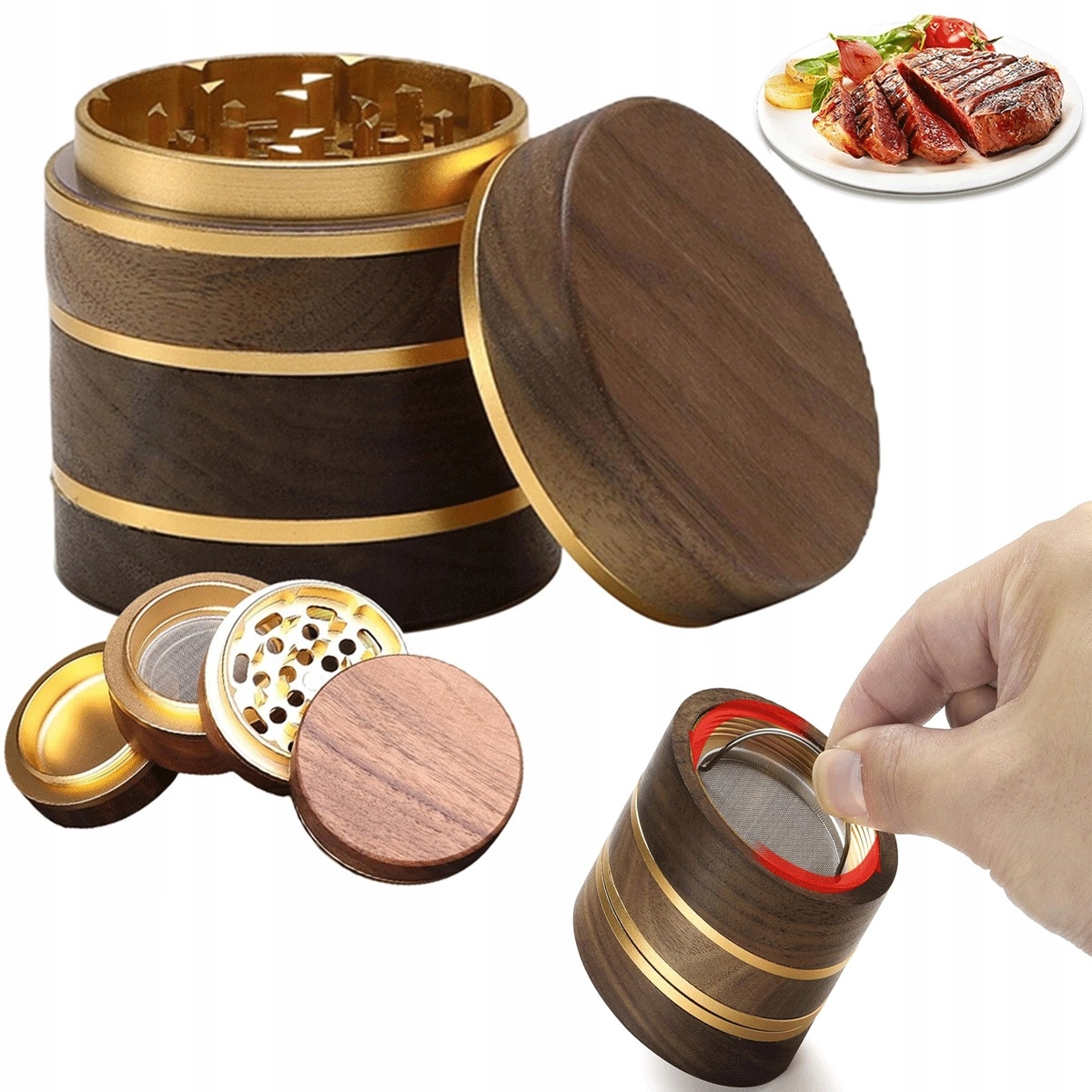 Mlýnek na koření z mahagonu s magnetickým uzávěrem a zlatým sítkem