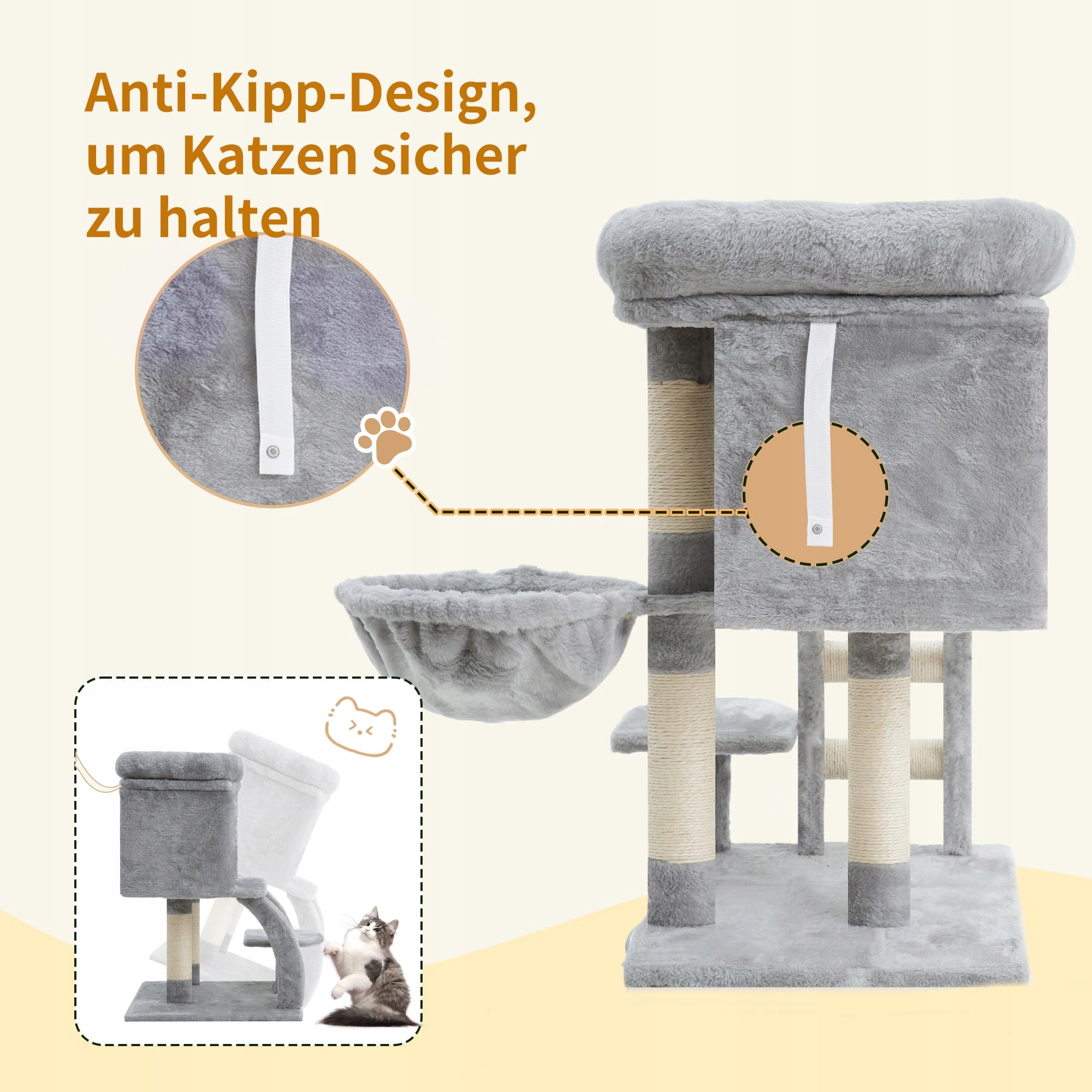 HEYBLY Drapak Dla Kota 75cm Z Platformą Jaskinią Hamakiem Drabinką Szary — miniatura 4