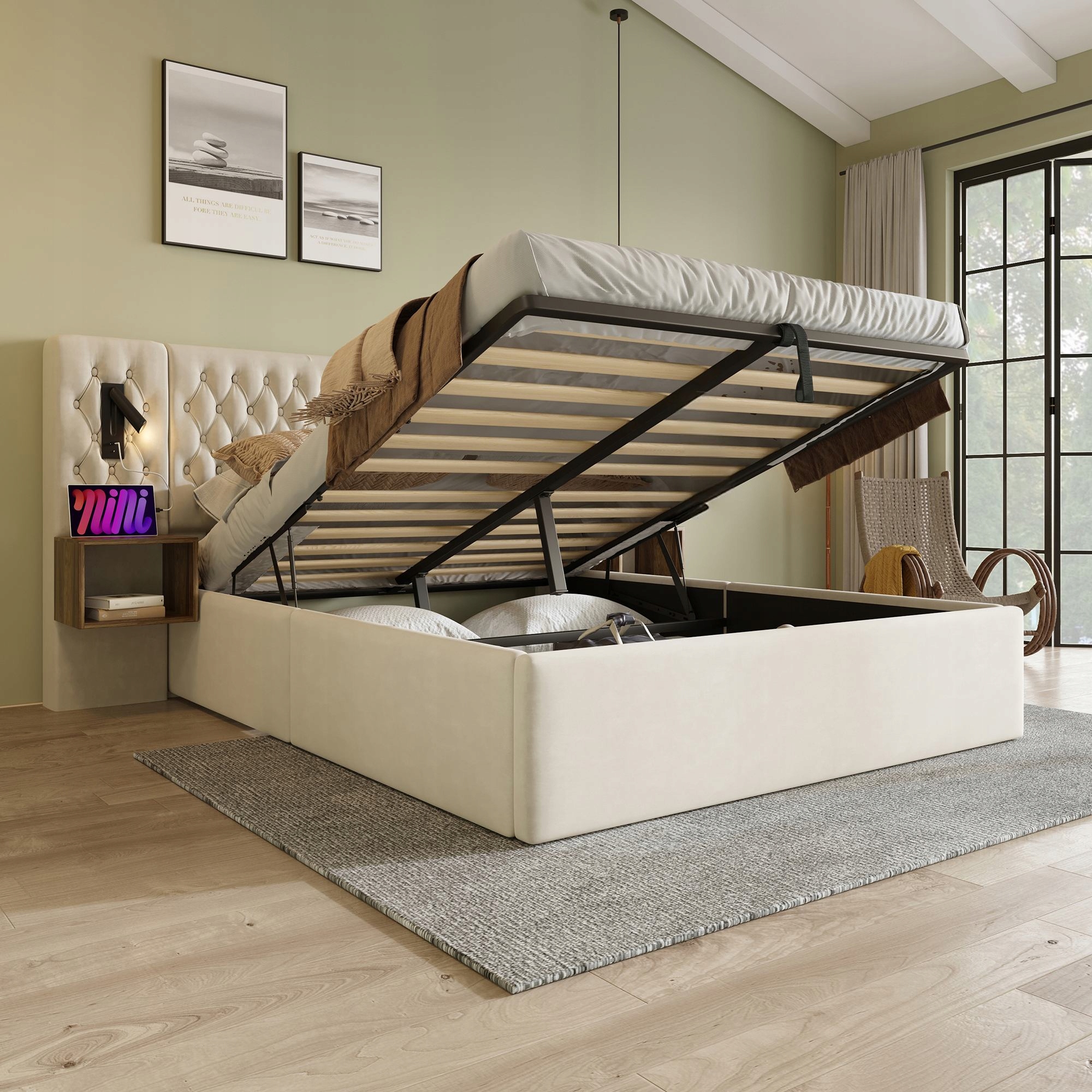 Čalouněná postel Dvojlůžko 180×200 cm Hydraulické Usb Led Béžová