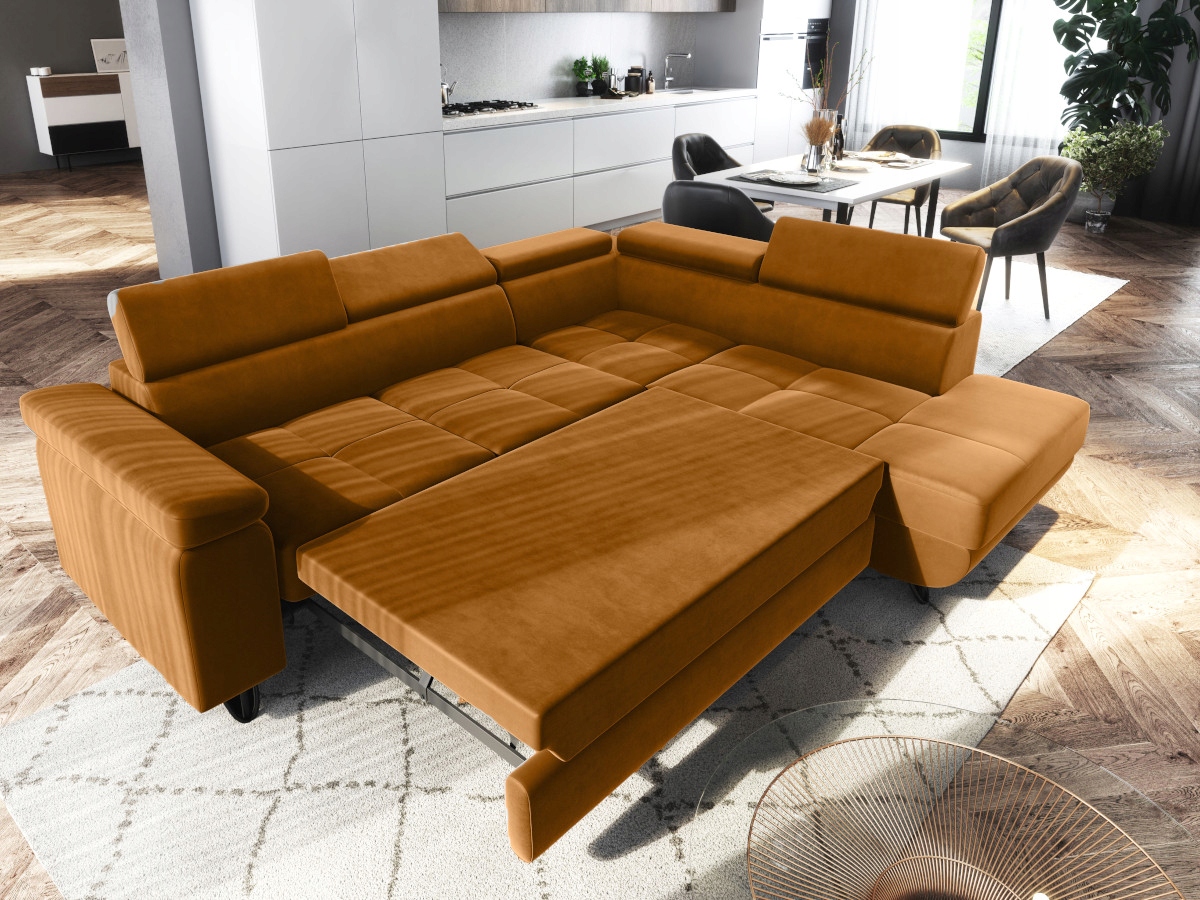 Rohová Sedací Souprava s funkcí spaní 250x183x90 Kontejner Nohy opěrky hlavy Home O-sofa