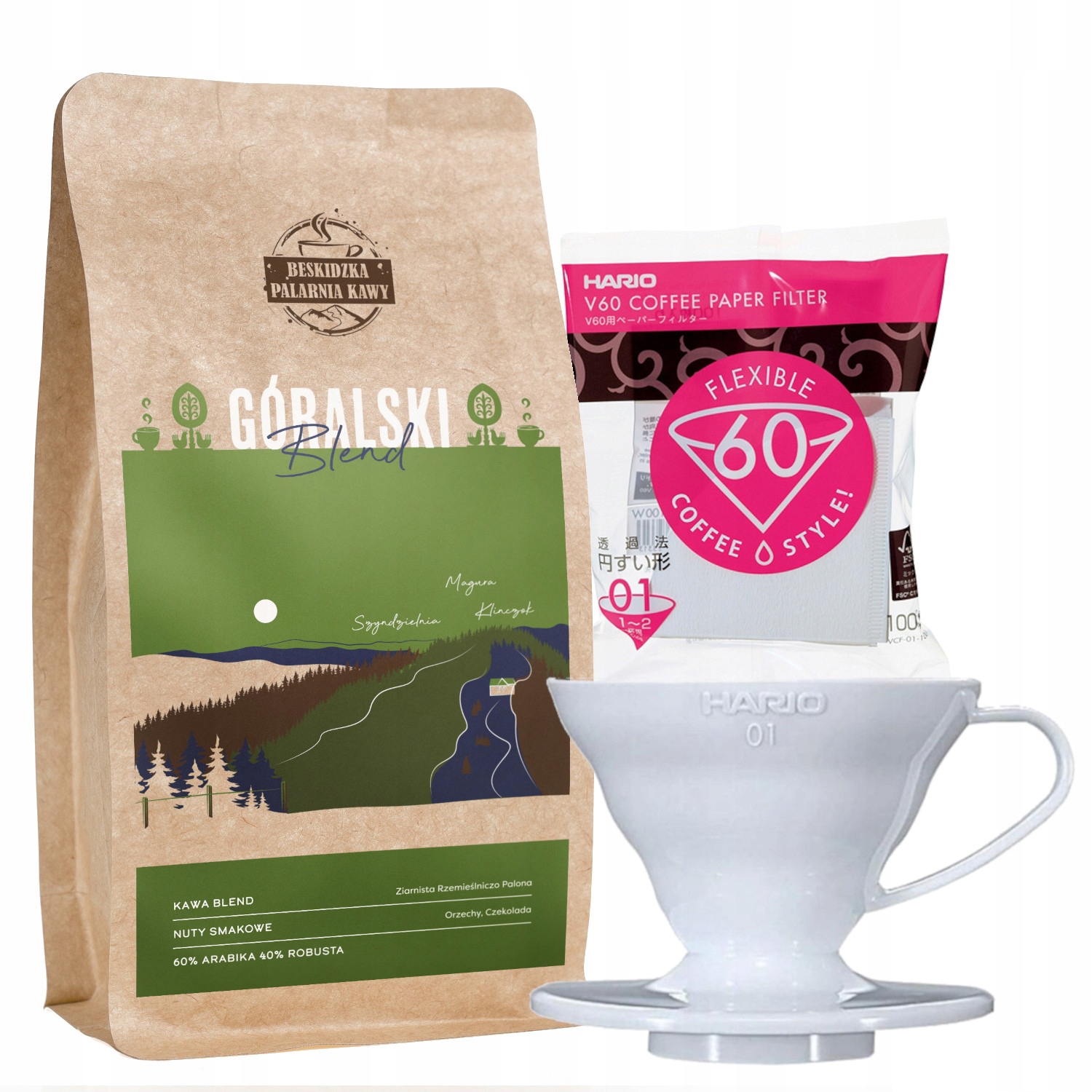 Káva Horský Blend 250 g Drip Bílý V60-01 Filtry Bílé 100 ks