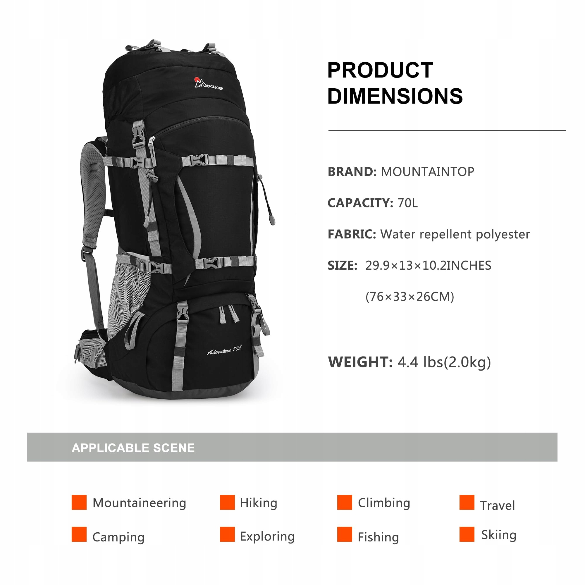 MOUNTAINTOP 70L Waterproof Trekking Backpack for Men & Women Camping — miniatura 3