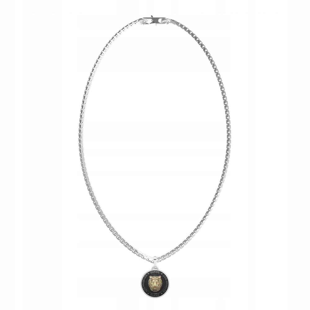 Náhrdelník Guess Lion King Hlava lva na černém kroužku Logo Ocel stříbrná