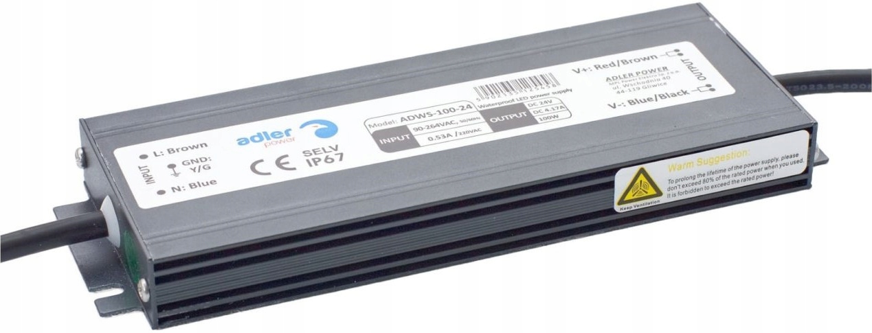 WODOODPORNY ZASILACZ SLIM 24V 100W 4.1A DO TAŚM LED IP67 ADLER ADWS-100-24