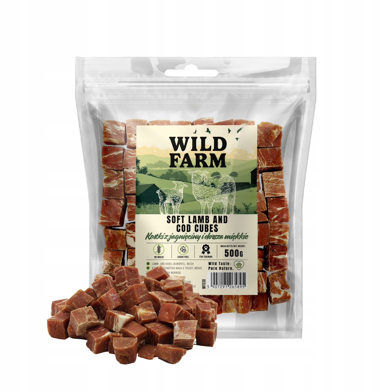 Wild Farm Kostky z jehněčího masa a tresky Měkké Psí Pamlsek 500 g