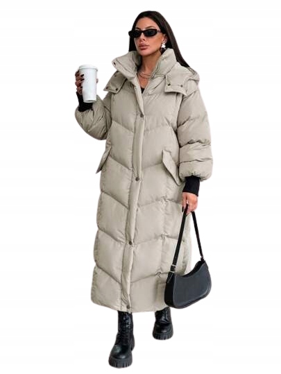 Shein Dlouhá Prošívaná Zimní Bunda S Kapucí Béžová Dámská S 1 Kg