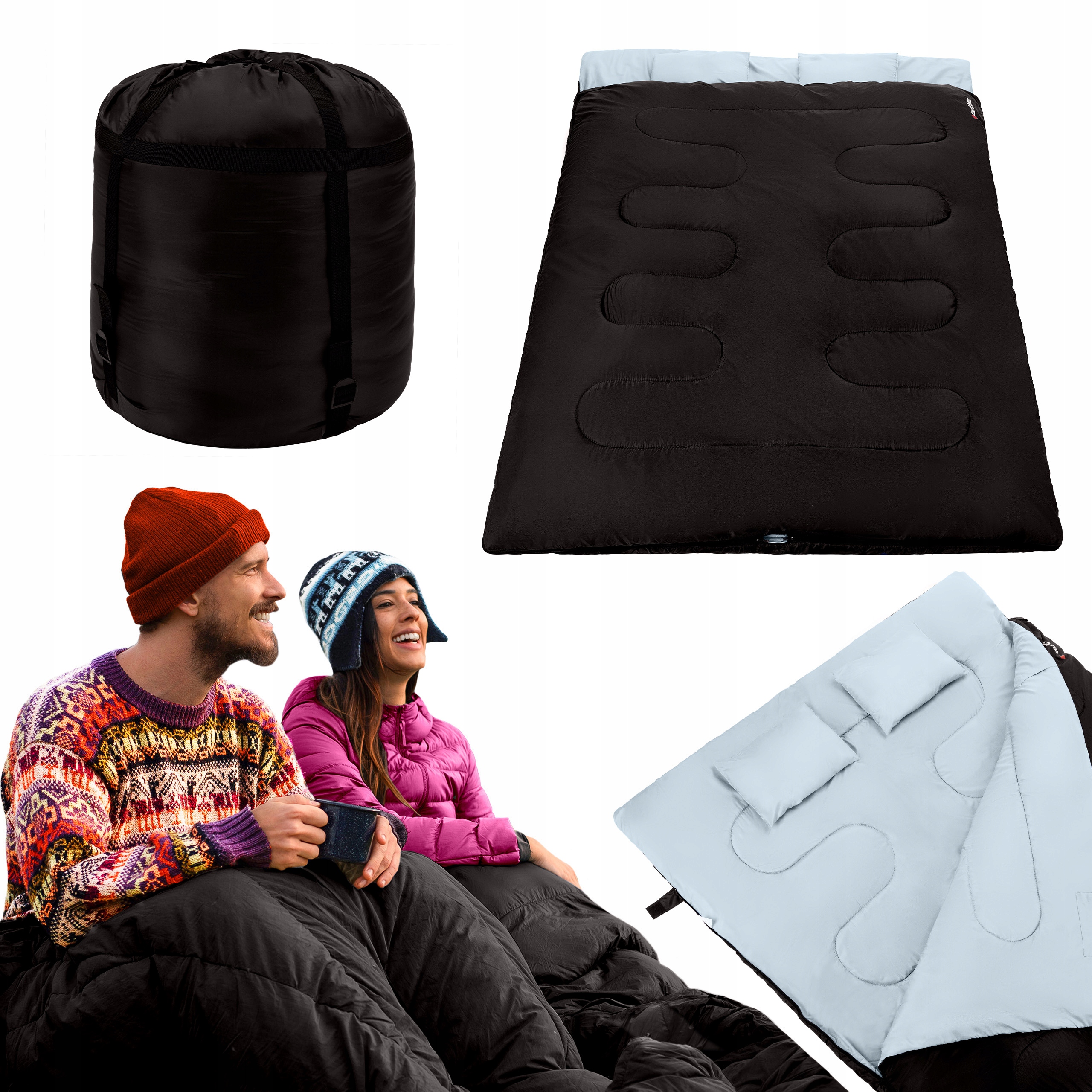 Śpiwór Turystyczny Dwuosobowy Kołdra Z Poduszkami Zimowy Ciepły 350g/m2
