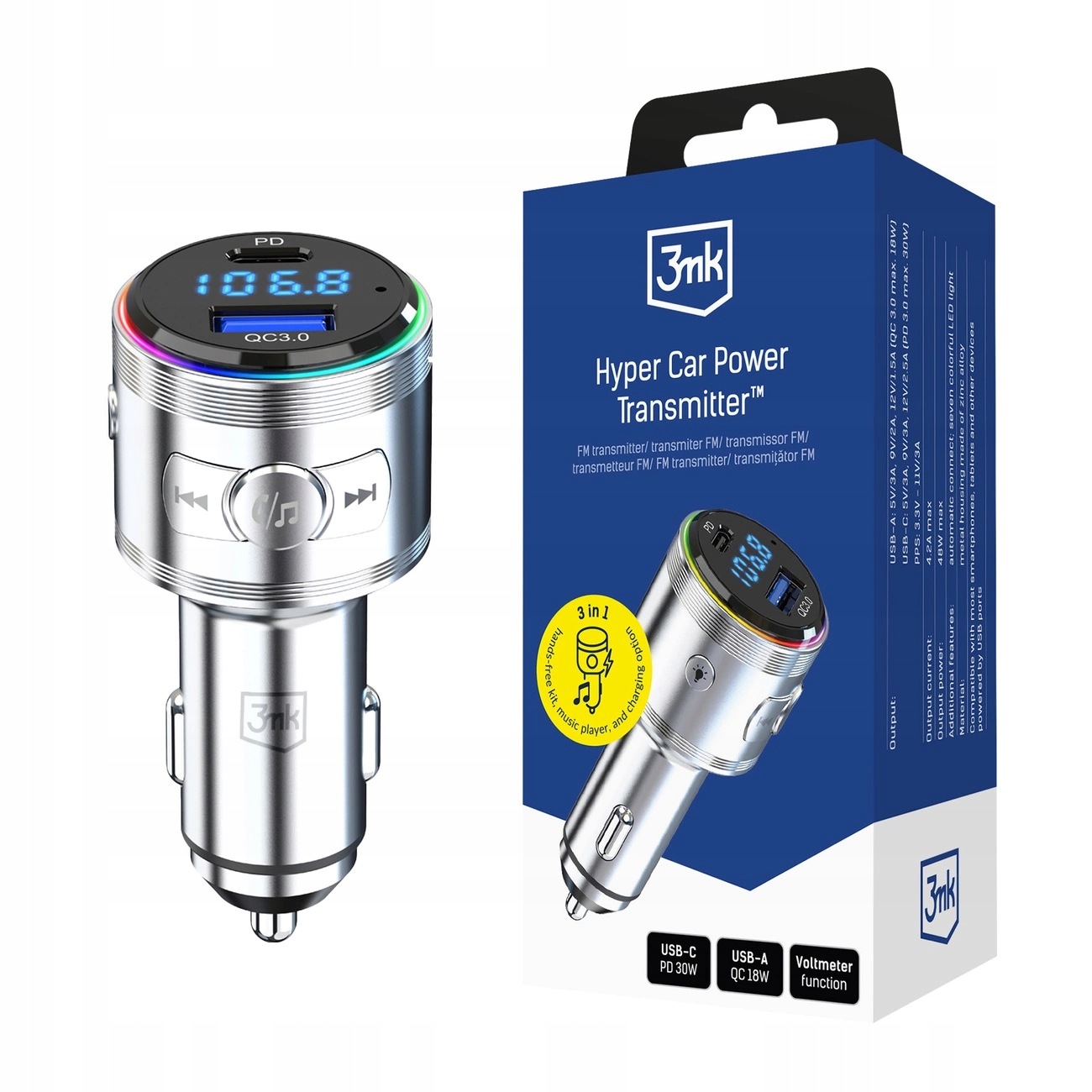 Transmiter 3w1 48W Qc Pd Pps Usb-c Usb-a 3mk Hyper Car Power Transmitter