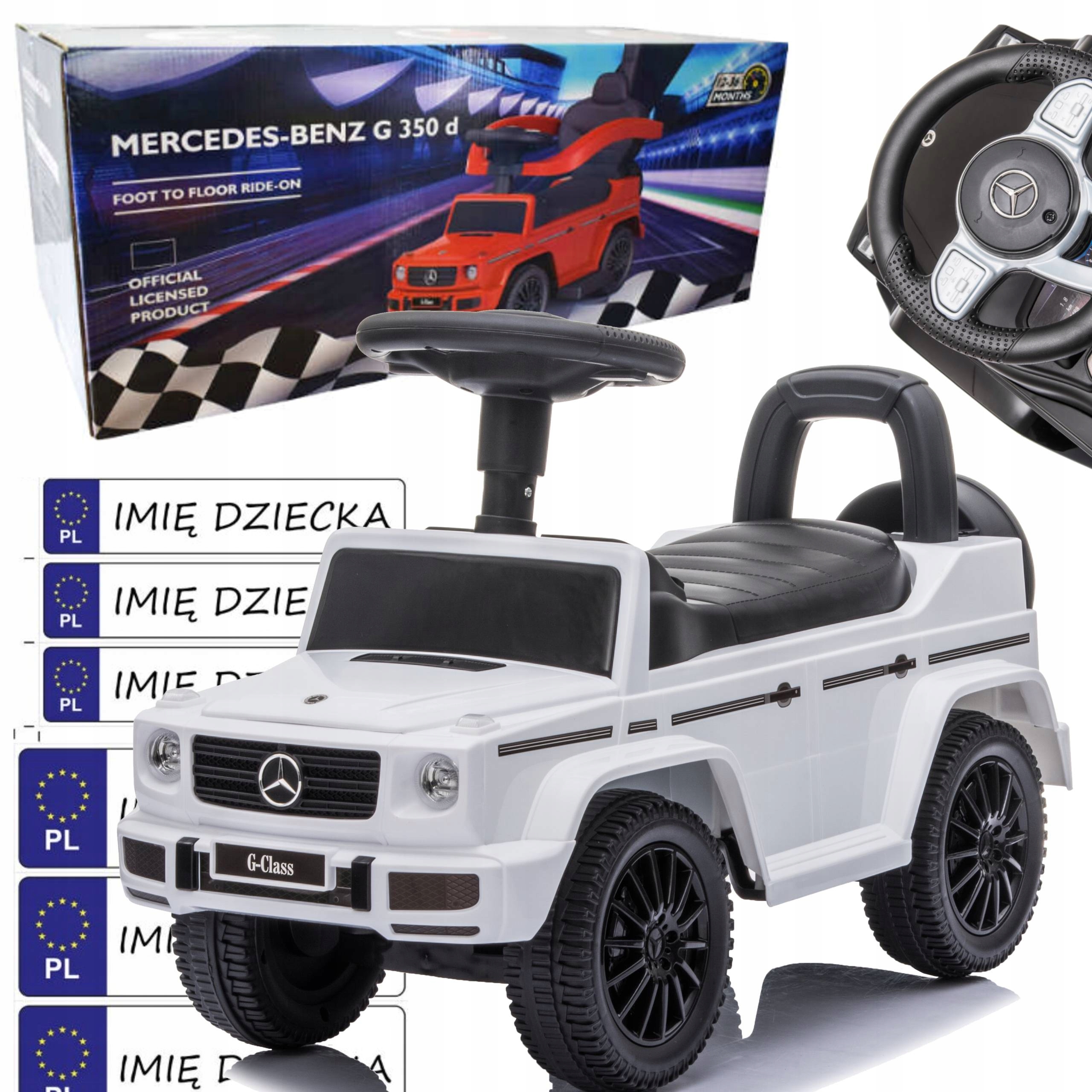 jeździk pchacz Mercedes G Klasa gumowe koła Klakson schowek Tablice Imienne