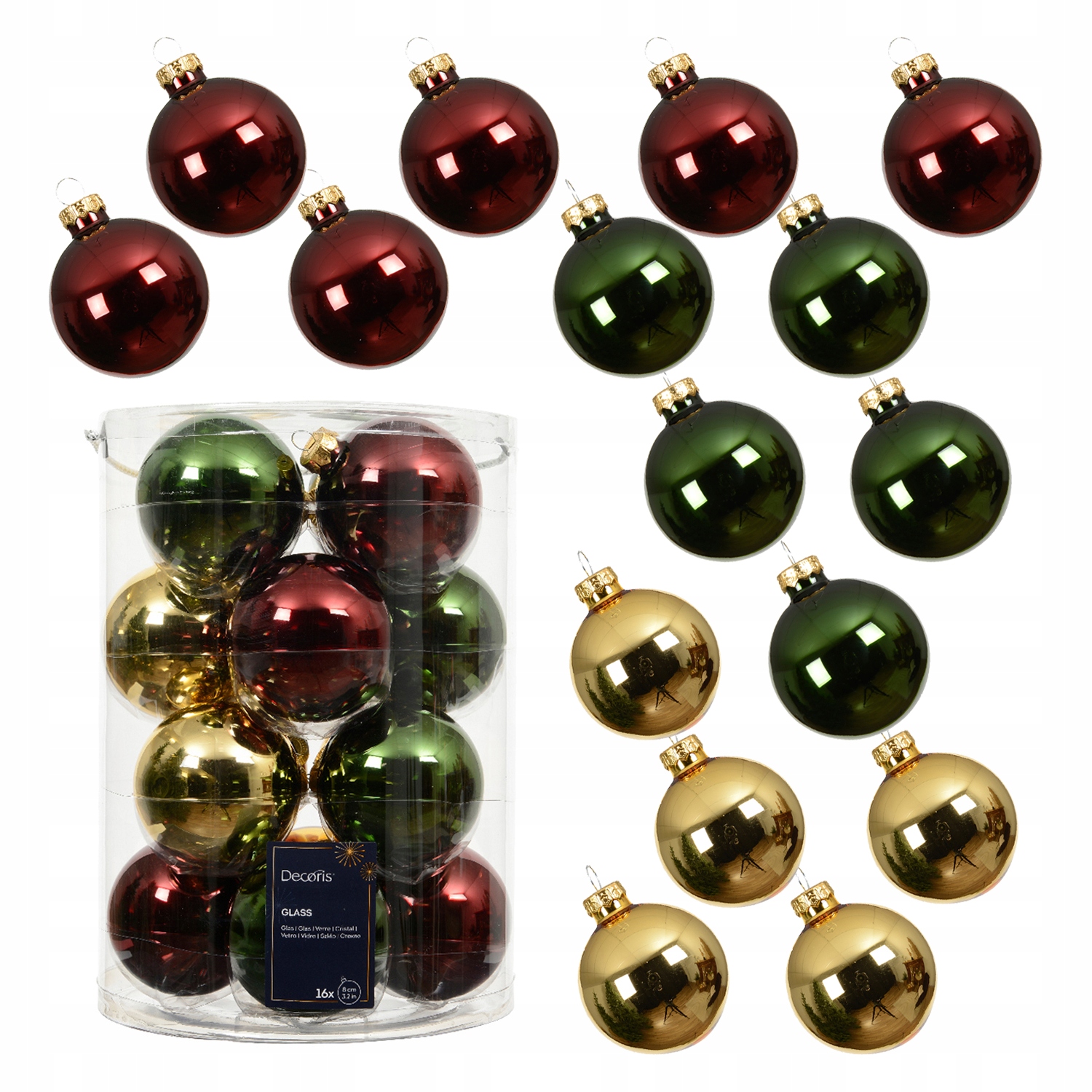Skleněné velké Vánoční Baňky Hladké zeleno-zlato-červené 8 cm 16 ks