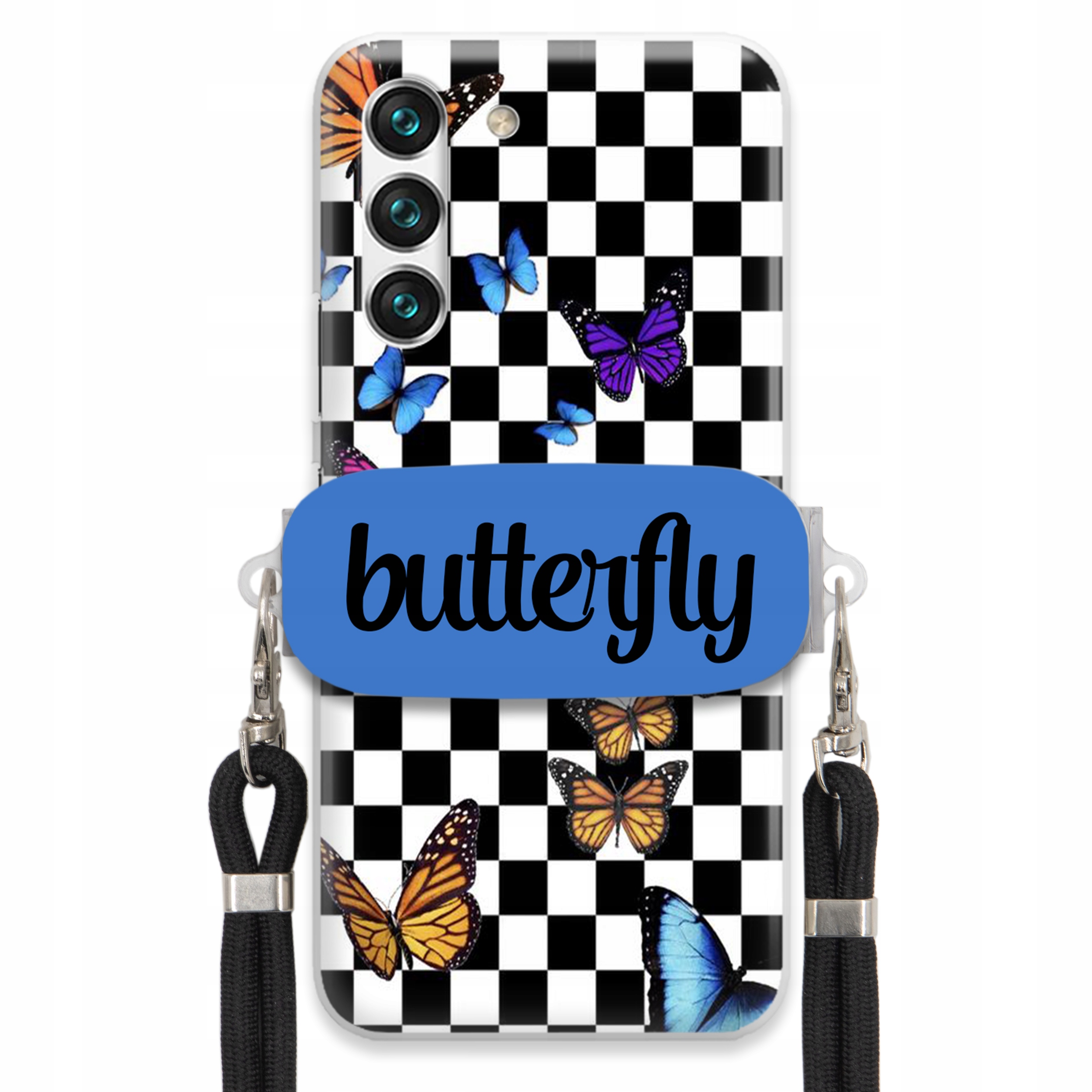 Puzdro Pre Samsung S22 Case, Obdĺžnikový Držiak, Čierne Vodítko, Butterfly, Motýle