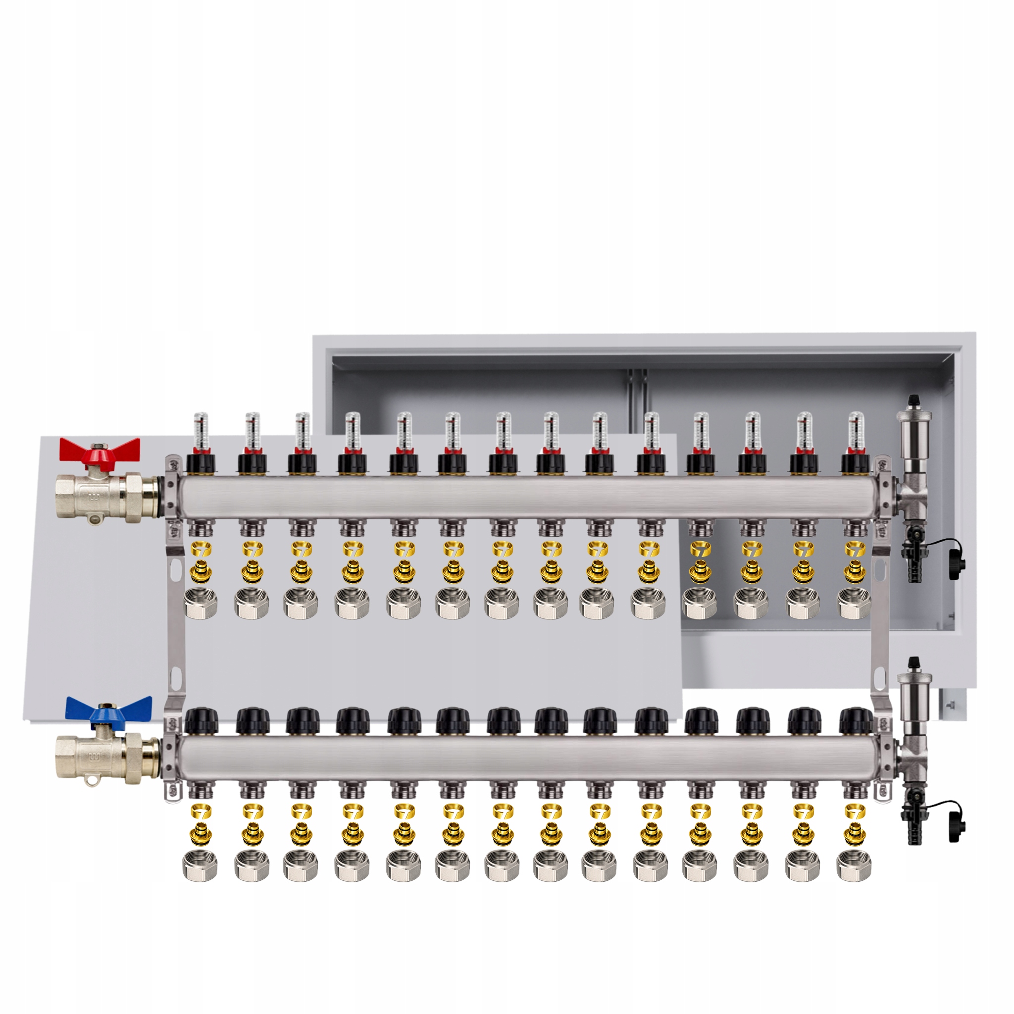 Nerezový rozdělovač pro podlahu 14 okruhů podomítková skříňka Pex