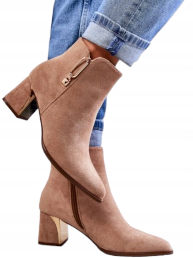 Dámské semišové Kotníkové Boty na zlatém podpatku, zateplené boty, béžové, velikost 38