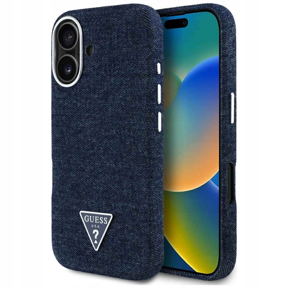 Pouzdro Guess Denim Triangle Logo MagSafe pro iPhone 16 modré