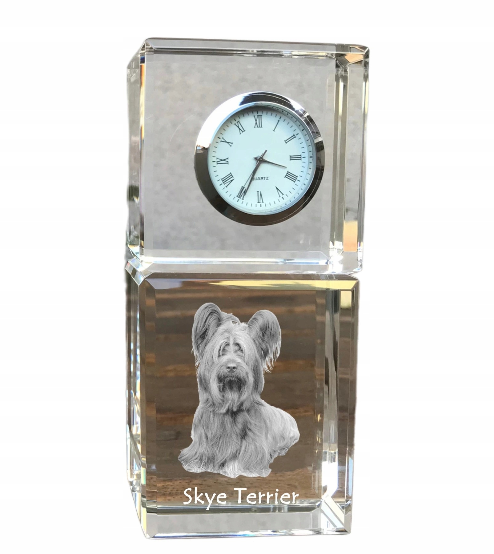 Skye Terrier krištáľové stolové hodiny so psom, s vašou fotografiou, suvenír