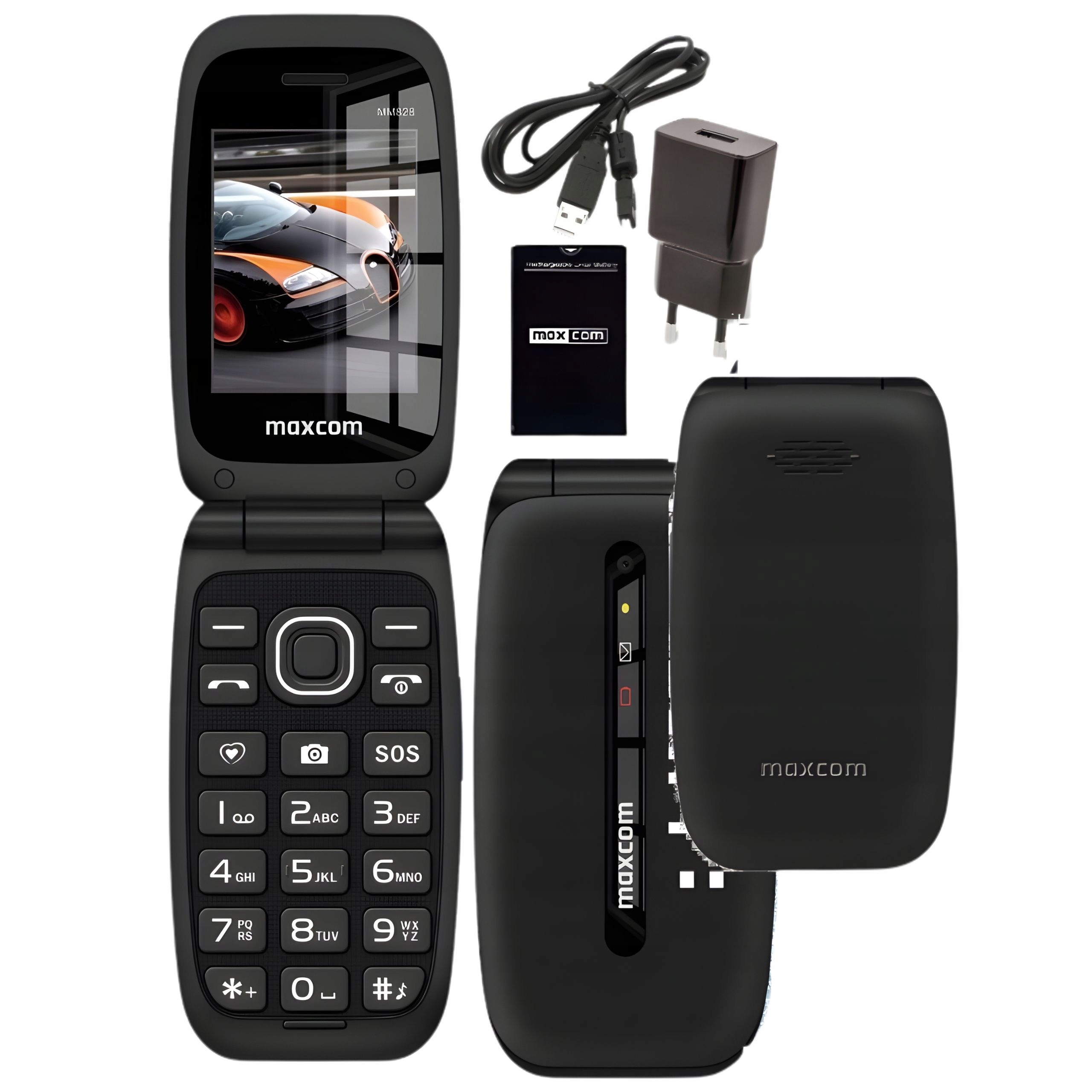 Telefon z klapką dla seniora Maxcom MM828 czarny,duże klawisze i ...sos