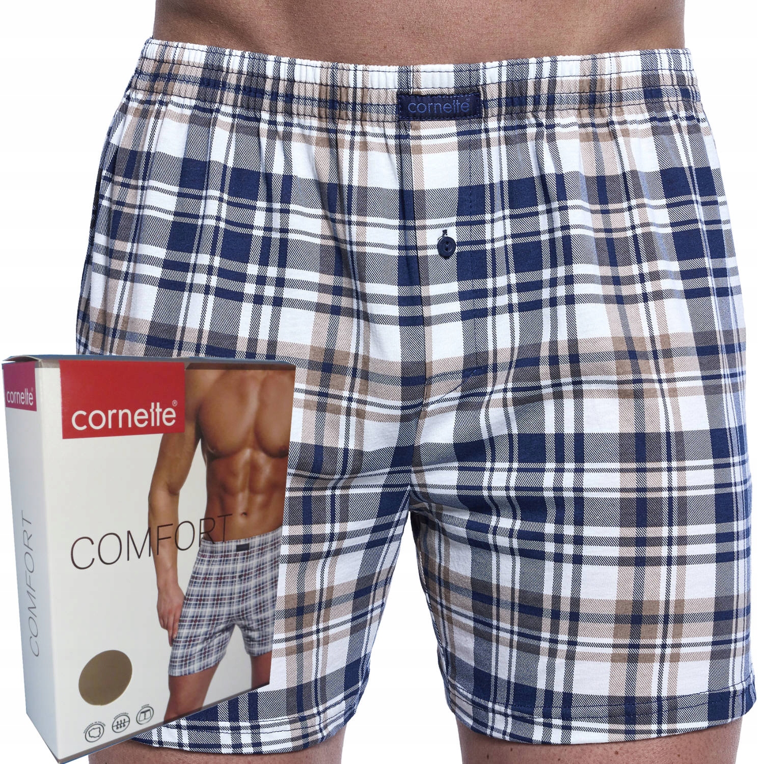 CORNETTE bokserki COMFORT box luźne 002/319 kratka beż/granat XL