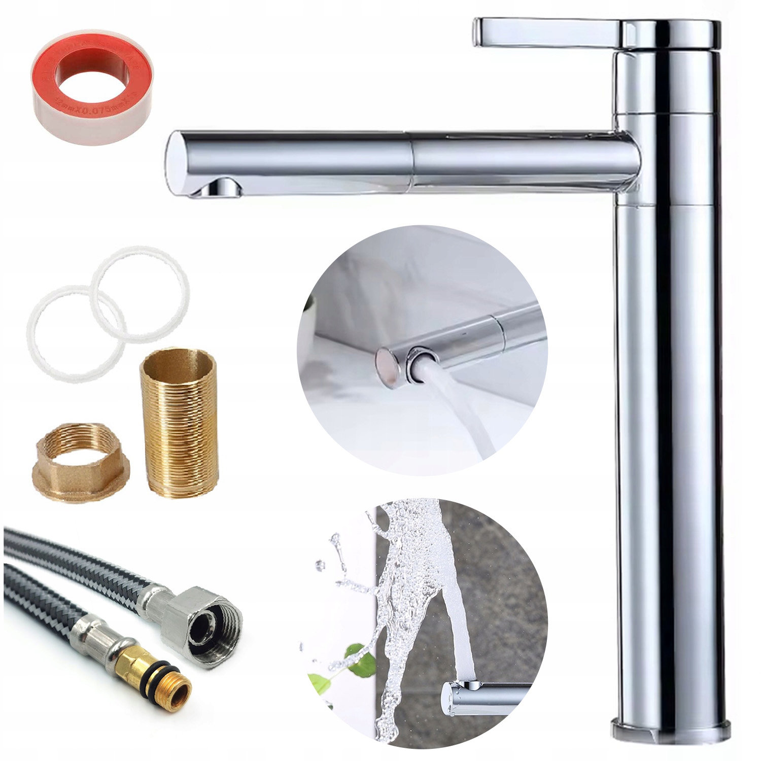 Bateria Umywalkowa Wysoka Nablatowa Chrom Obrotowa Stojąca Kran Łazienkowy