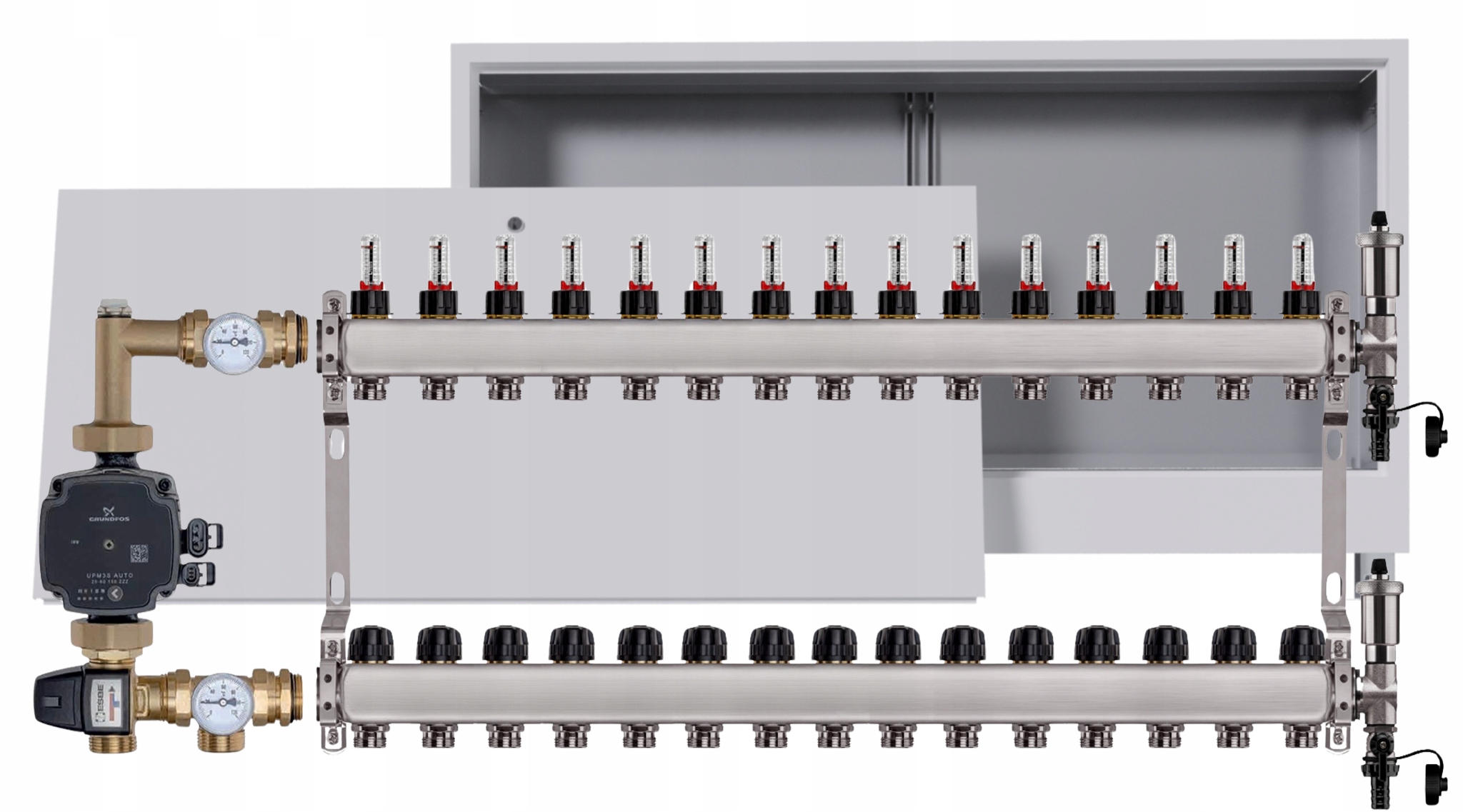 Nerezový rozdělovač pro podlahovku 15 Podomítkový box Čerpadlo Grundfos