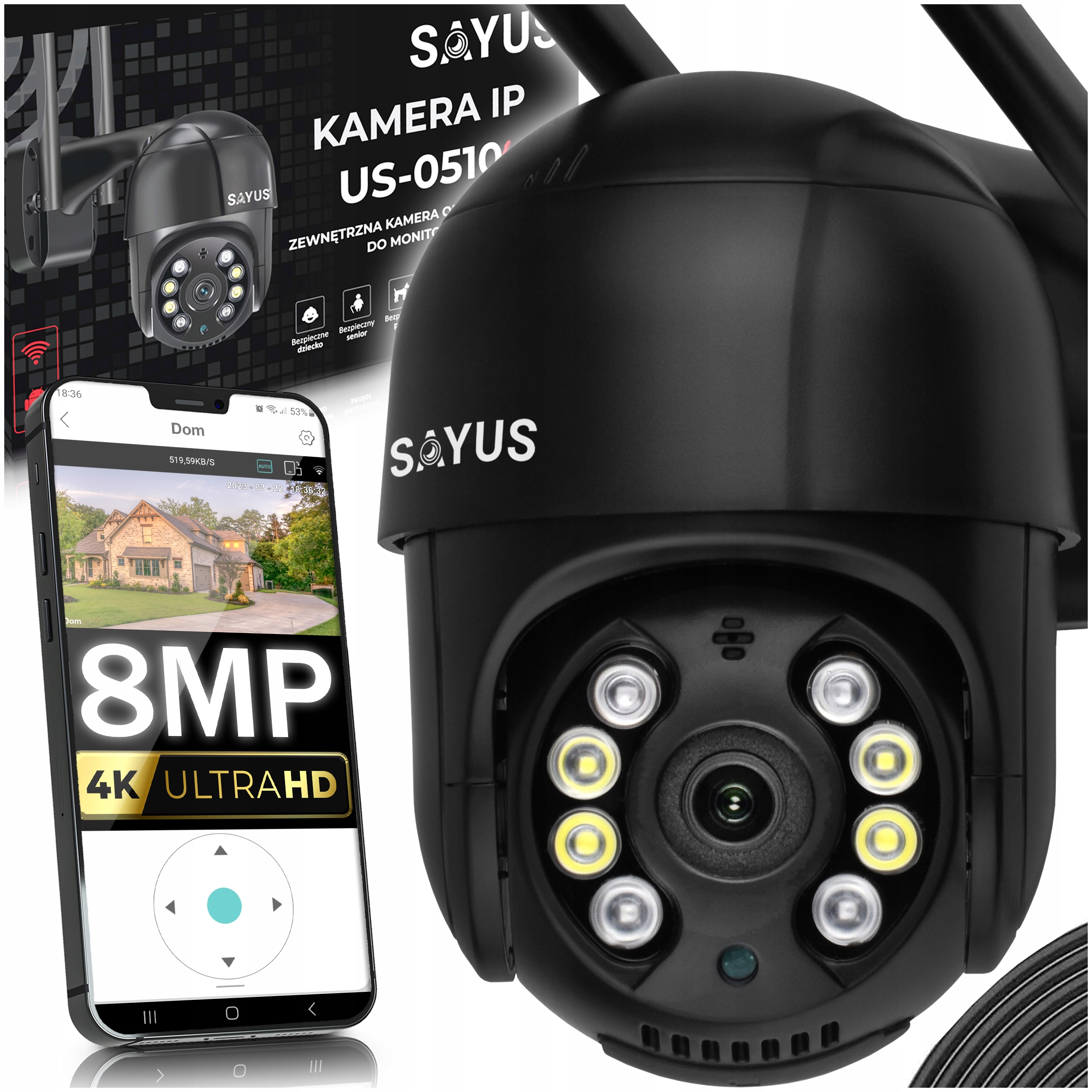Otočná Venkovní Kamera 8MP Ip WiFi 4K Ultra Hd Zoom Detekce Pohybu 8MPx