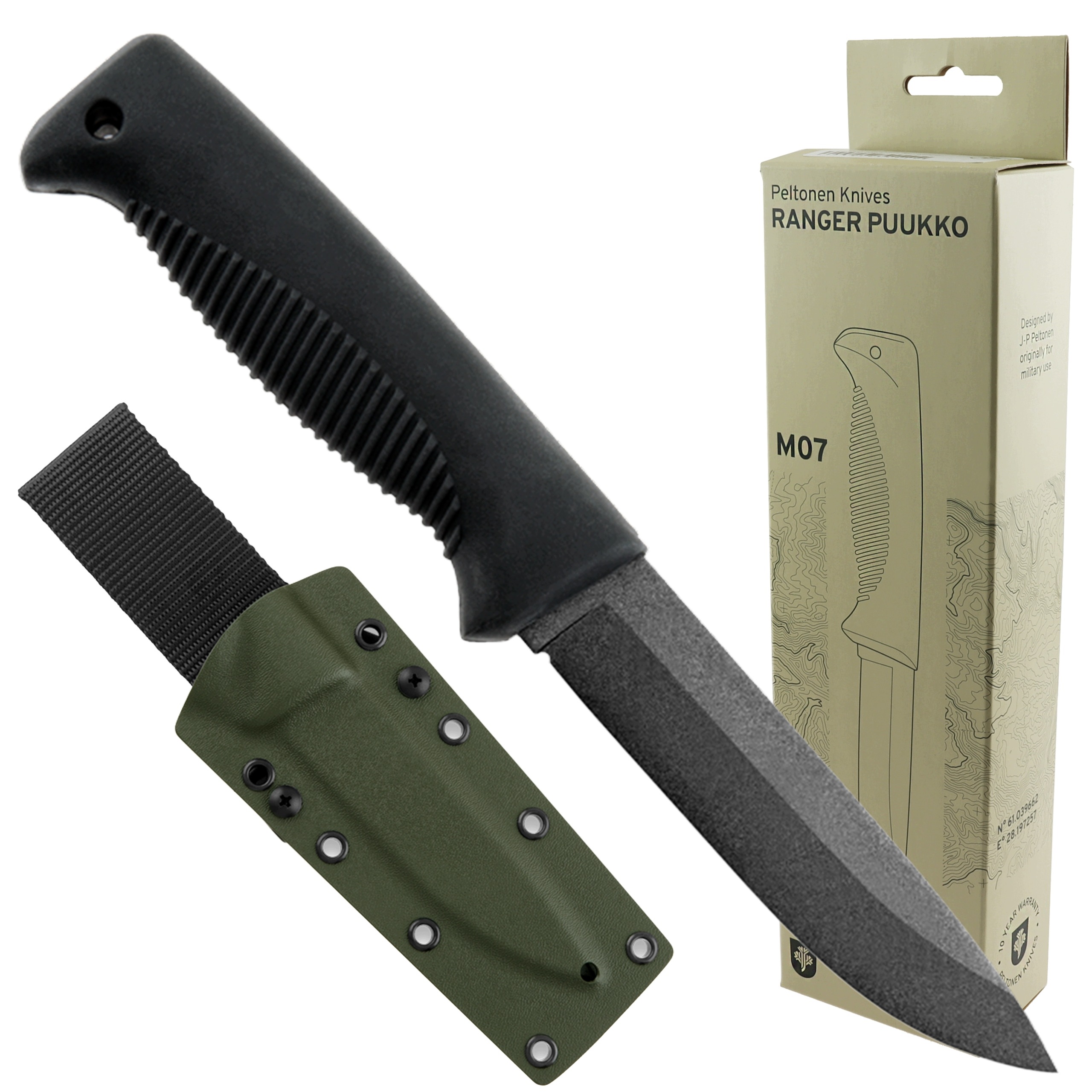 Nóż Peltonen czarny M07 FJP018 80CrV2 Ptfe survival bushcraft kydex zielony