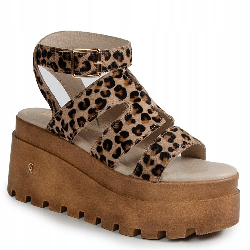 Carinii 10147 Béžové Kožené Sandály Panterka Na Platformě 40