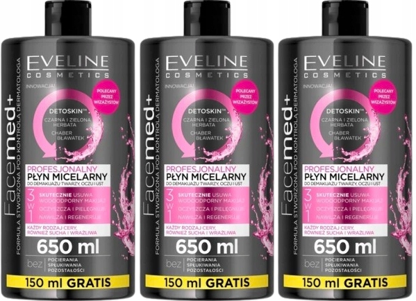 3 x Eveline Facemed+ Micelární voda pro odličování obličeje, očí a rtů 650 ml