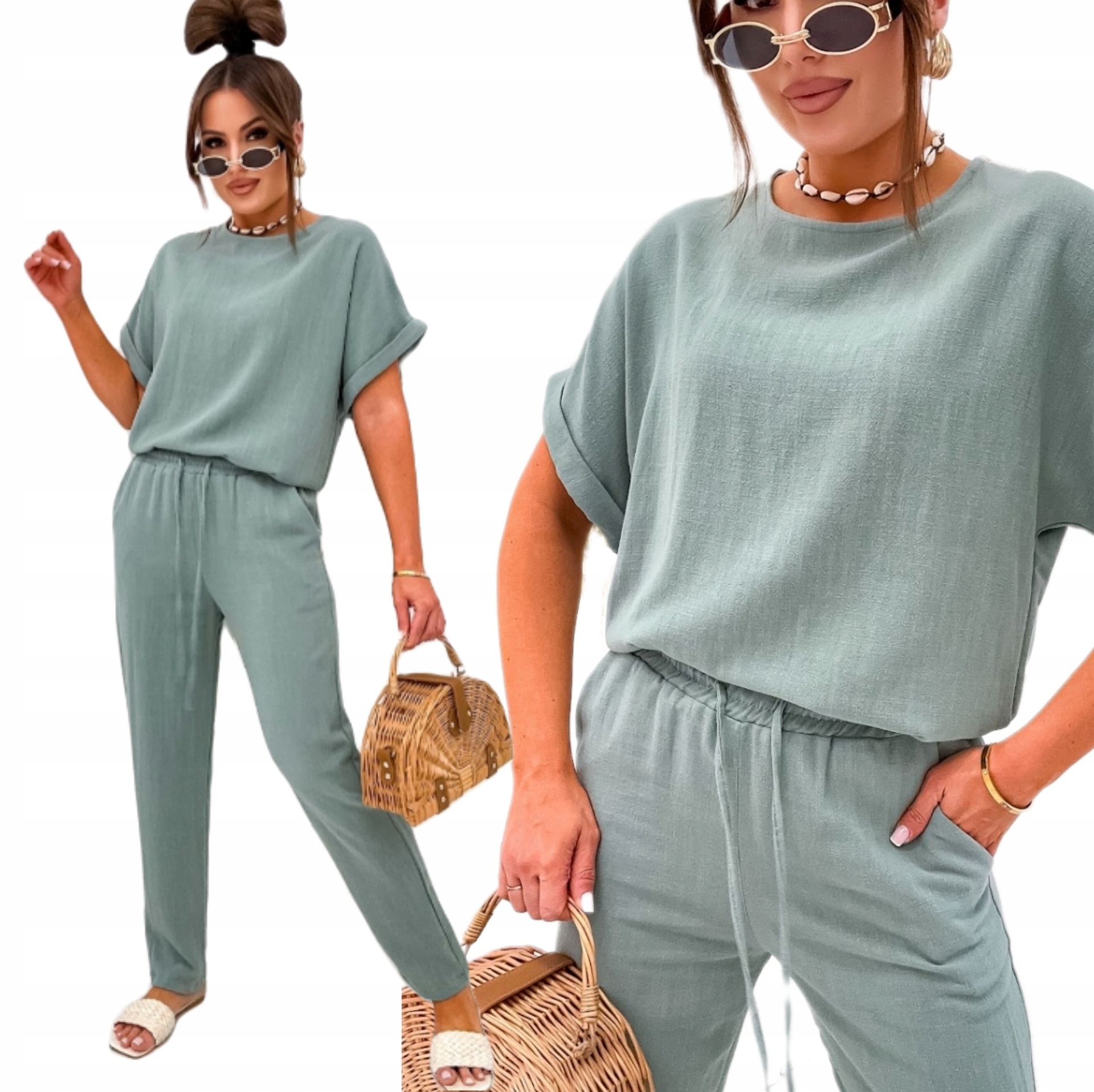 Komplet Lniany Damski Bluzka Krótki Rękaw I Spodnie Zielony XL