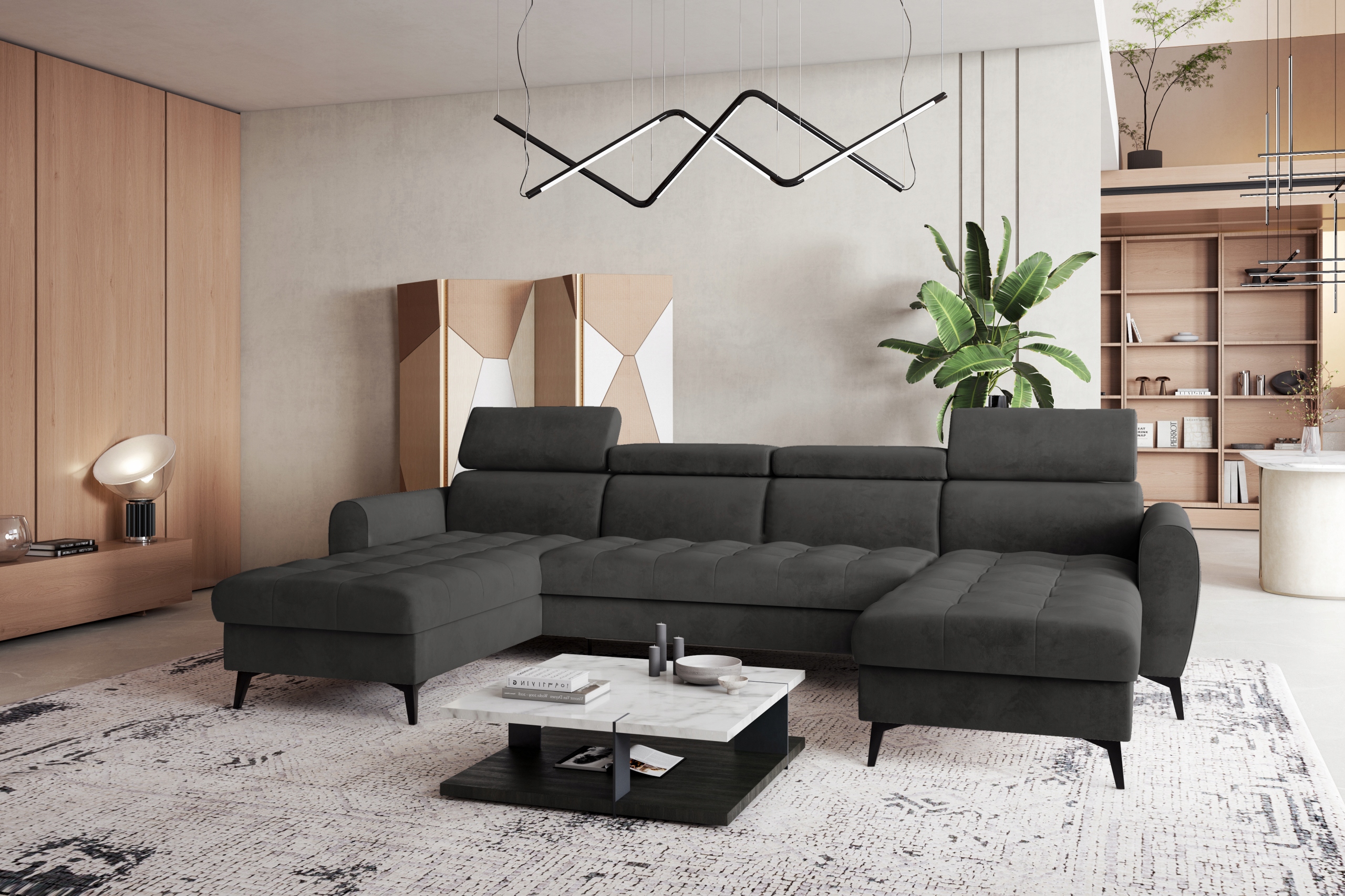 Grafitový rohová sedací souprava Bjorn U s funkcí spaní a dvěma nádobami na povlečení