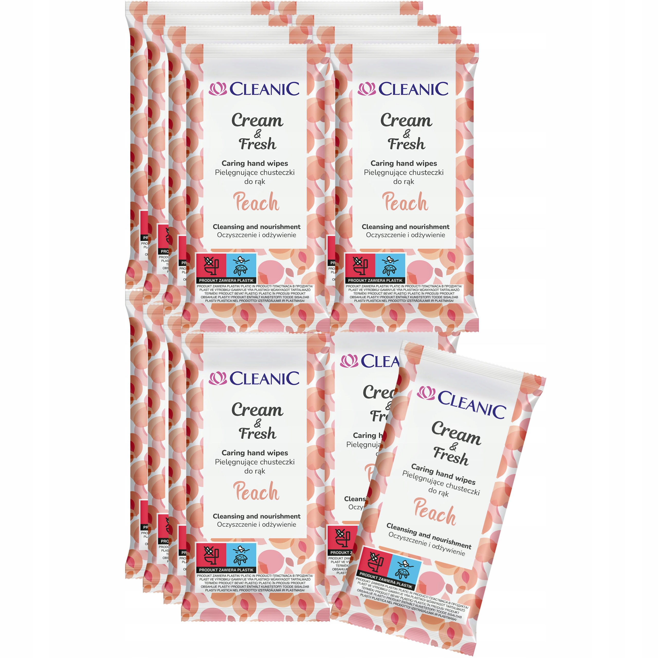 16 x Cleanic Cream & Fresh Peach Pielęgnujące chusteczki do rąk, 15 szt.