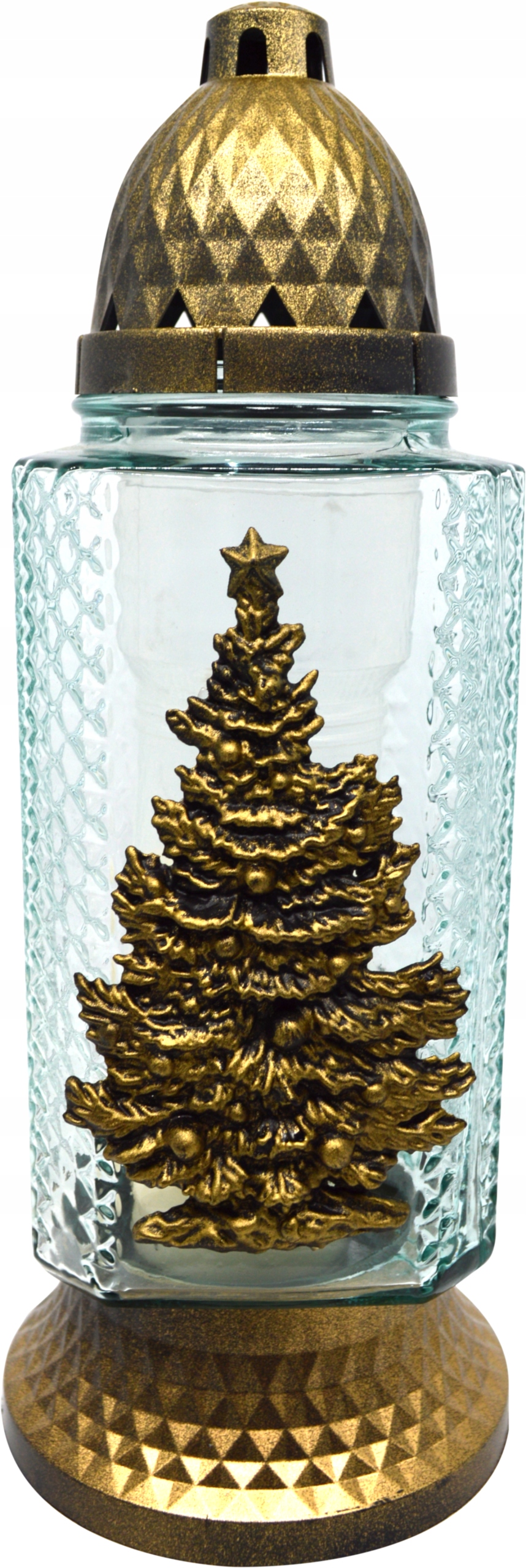 ZNICZ LAMPION SZKLANY LA 364 APLIKACJA CHOINKA ZŁOTA wysokość 28cm