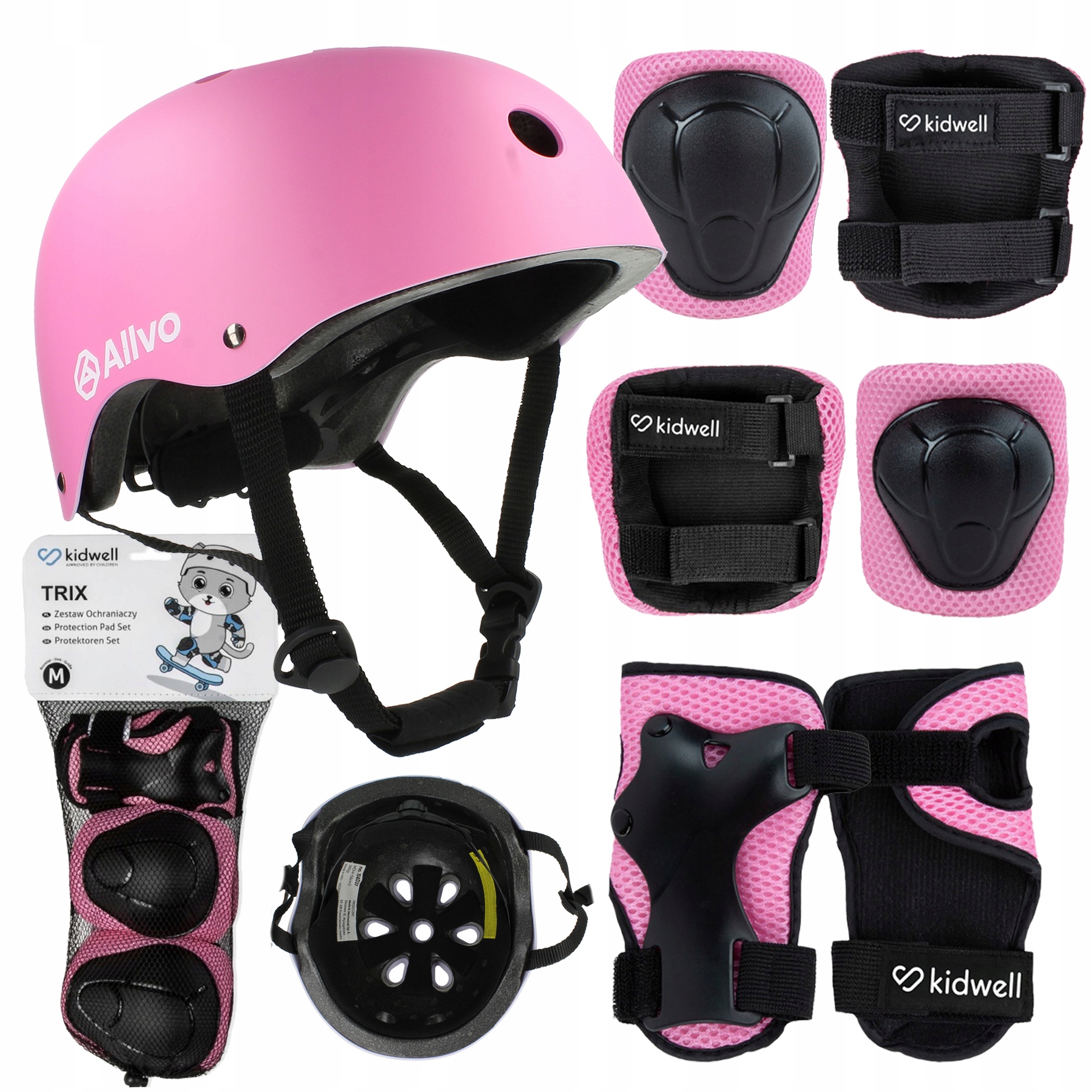 Zestaw Różowy Kask Ochraniacze na Kolana Łokcie Rolki Rower Dziewczynka 7w1