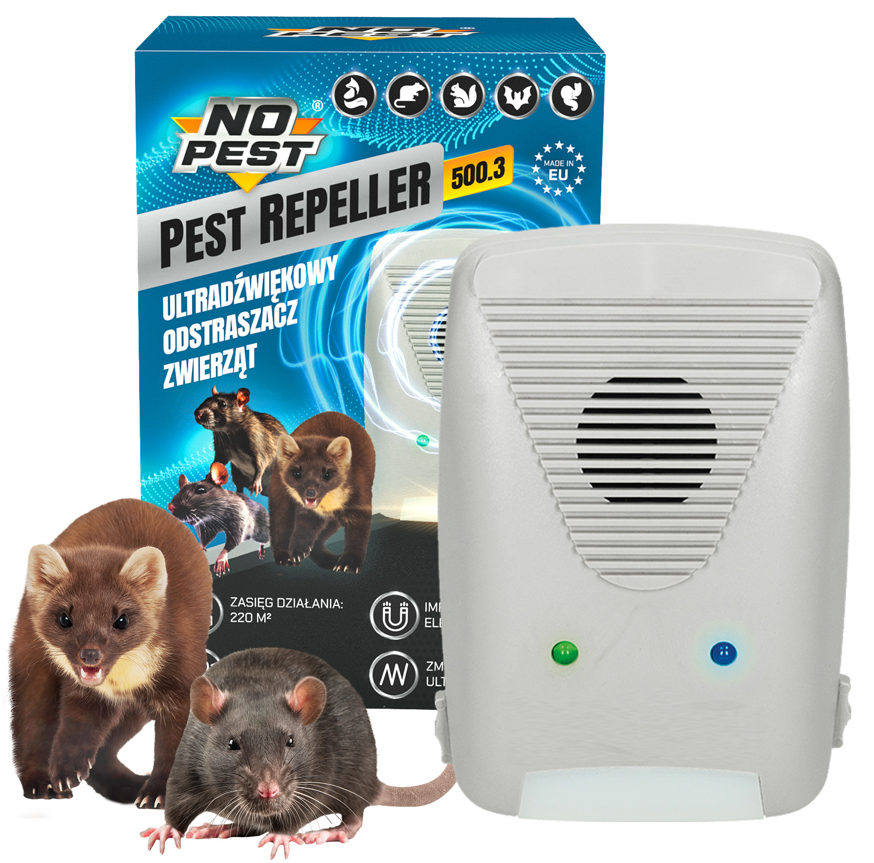 Odstraszacz Na Szczury Myszy Kuny Łasice Lisy Gryzonie No Pest 500.3 220m2