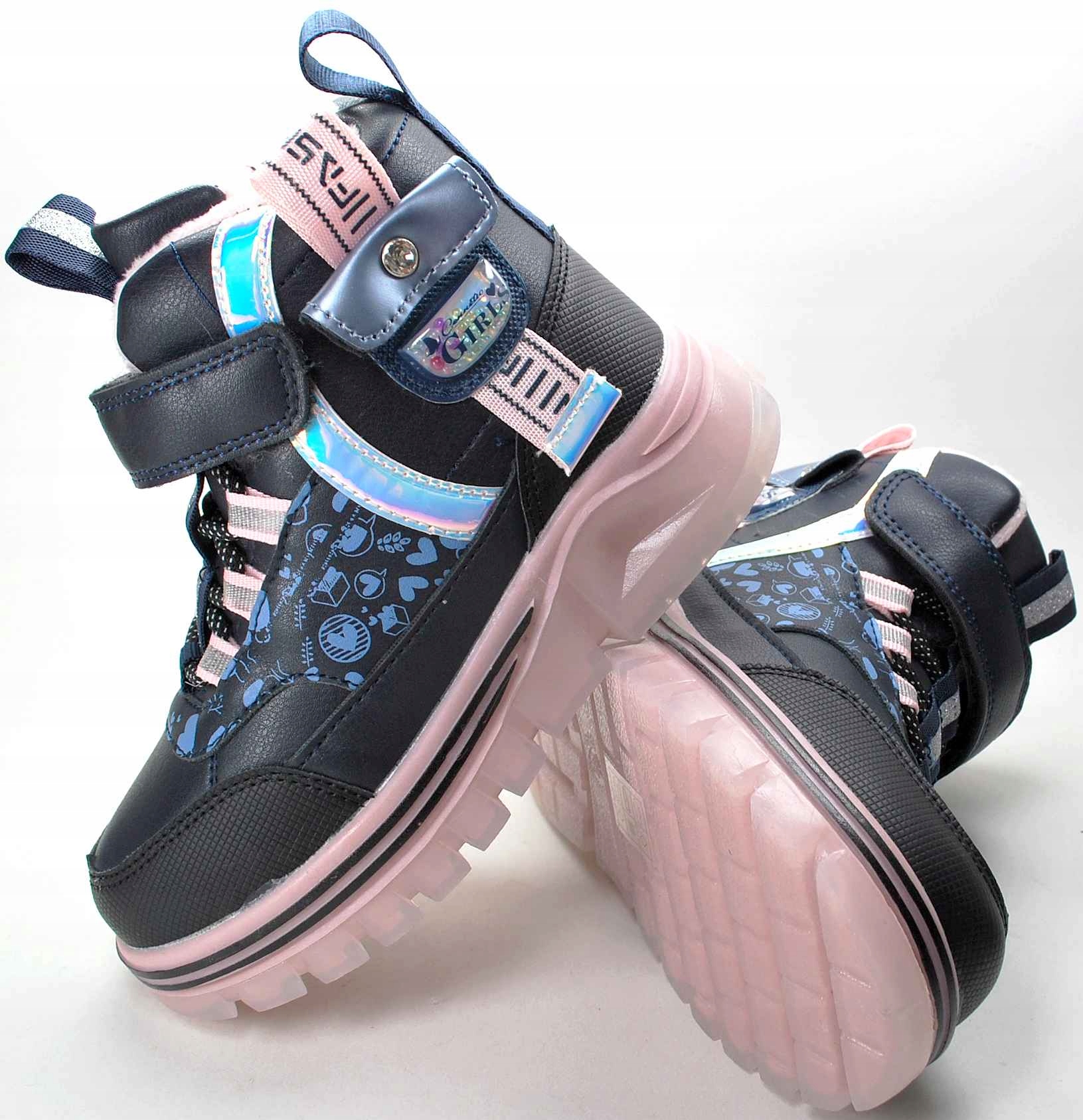 Granatowe ocieplane naturalnym futrem kozaki dla dziewczynki zima rzep 31 Marka Inna marka