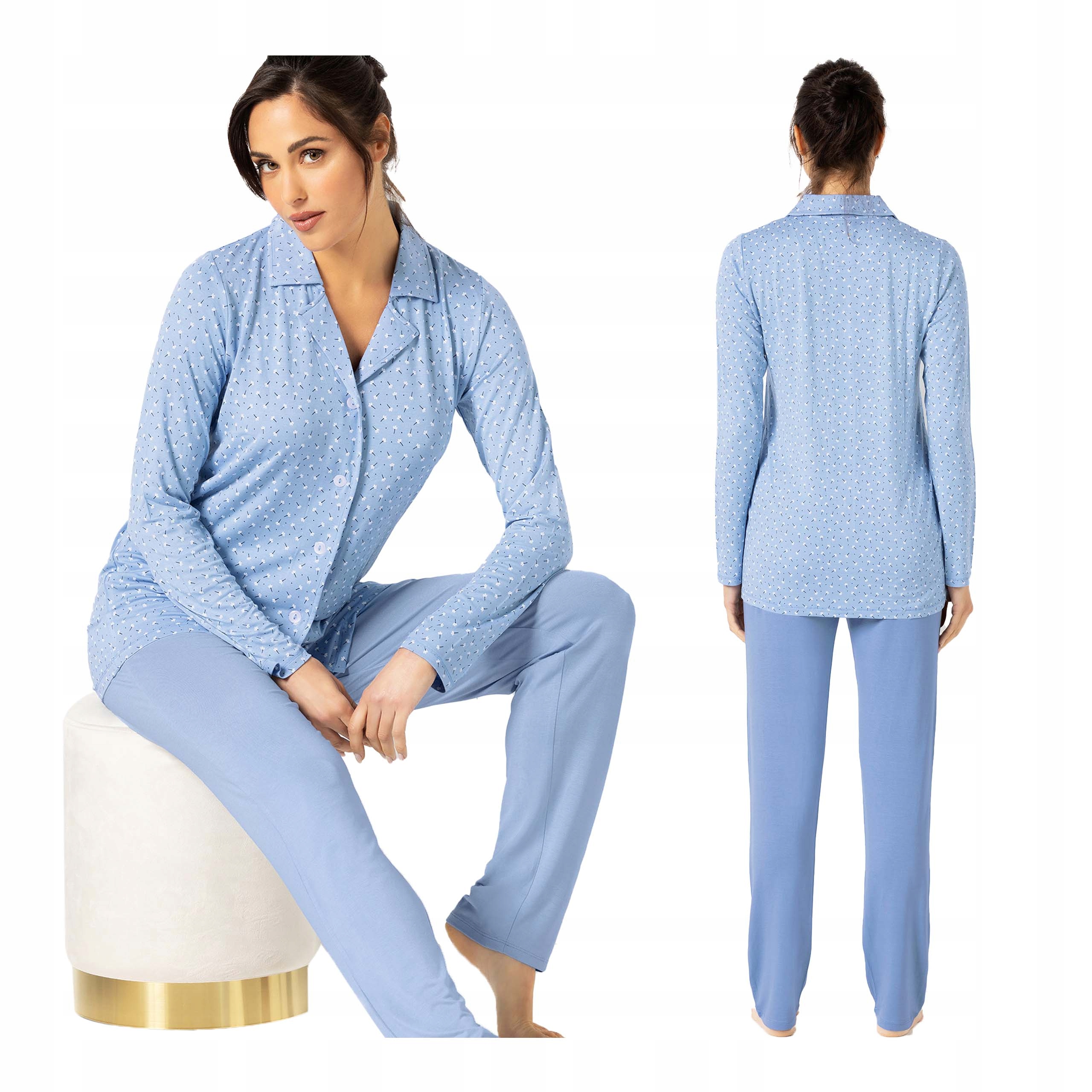 Dámské dvoudílné dlouhé pyžamo s dlouhým rukávem, rozepínací, velikost M