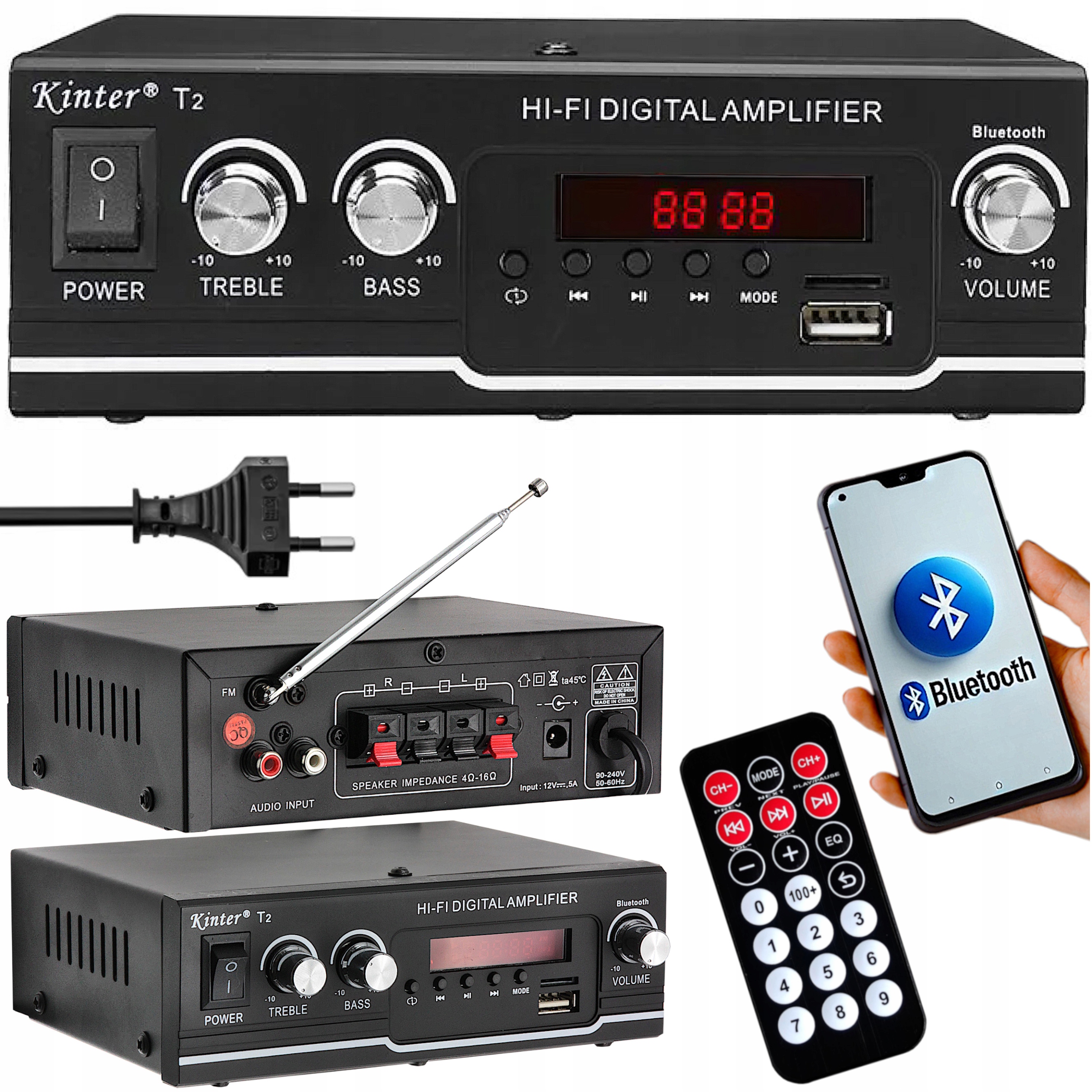 2 KANAŁOWY MOCNY WZMACNIACZ AUDIO BLUETOOTH 5.0 RADIO FM USB SD RCA PILOT