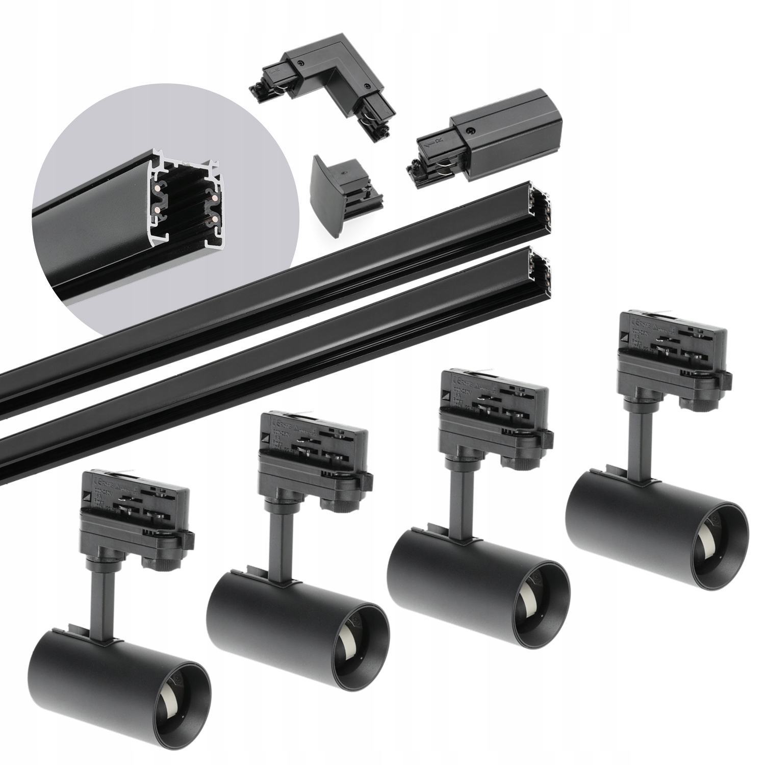 3-fázový koľajnicový set 4xLampa GU10 2x koľajnica 1 m spojka L Čierna